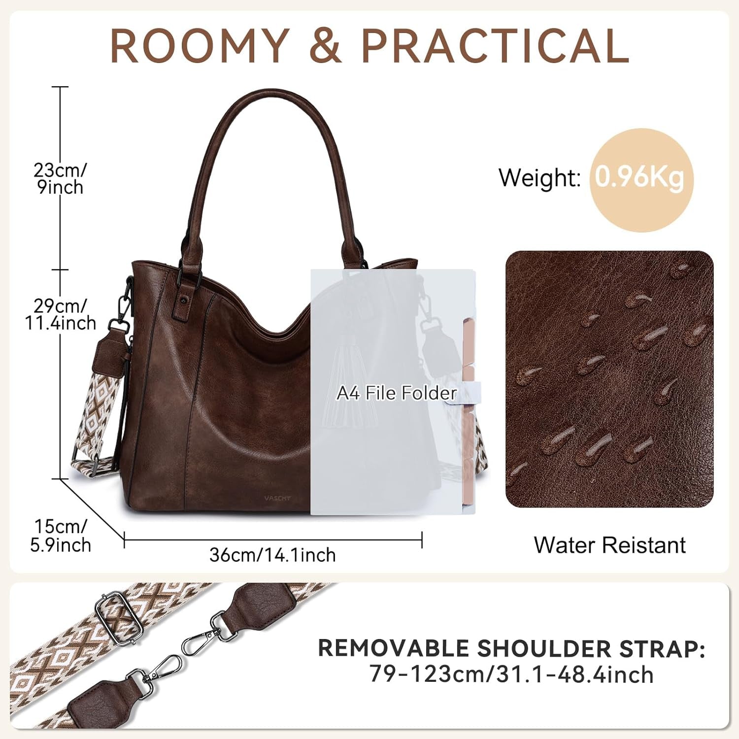 VASCHY Hobo Bag for Women, Leather Tote Bag Purse with Zipper Guitar Strap