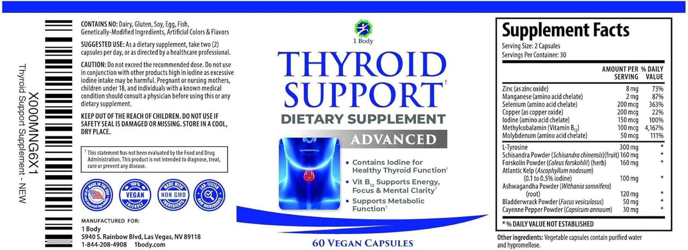 1 Body Thyroid Support Supplement for Women and Men | Supports Energy & Mental Clarity with Ashwagandha, Iodine, Zinc & B12 | Selenium Supplement | 30 Day Supply