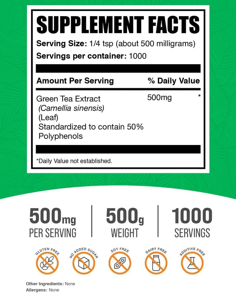 Bulksupplements.Comgreen Tea Extract Powder - 50% Polyphenols Supplement, EGCG Supplements - Gluten Free, 500Mg per Serving, 500G (1.1 Lbs) (Pack of 1)