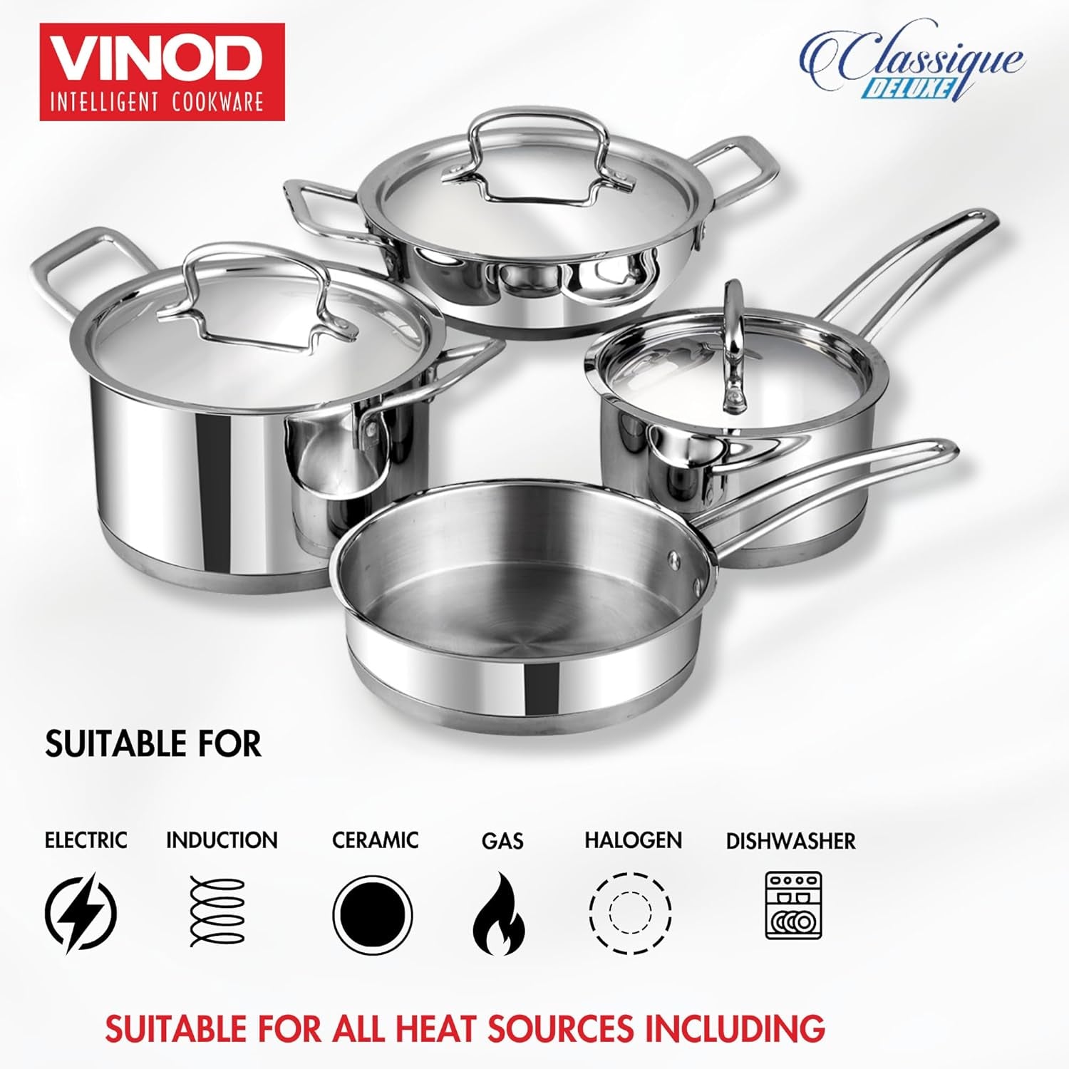 Vinod Classic Deluxe 4 Pcs Stainless Steel Cookware Combo Set Of/Saucepan, Sauc