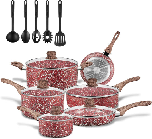 KOCH SYSTEME CS CSK Nonstick Cookware Set-Nonstick Frying Pans,Red Granite Cookware with Derived Coating,Induction Pot&Pan Set, Bakelite Handle and Multi-Ply Body, Lovely Housewarming Gift,16 Pieces