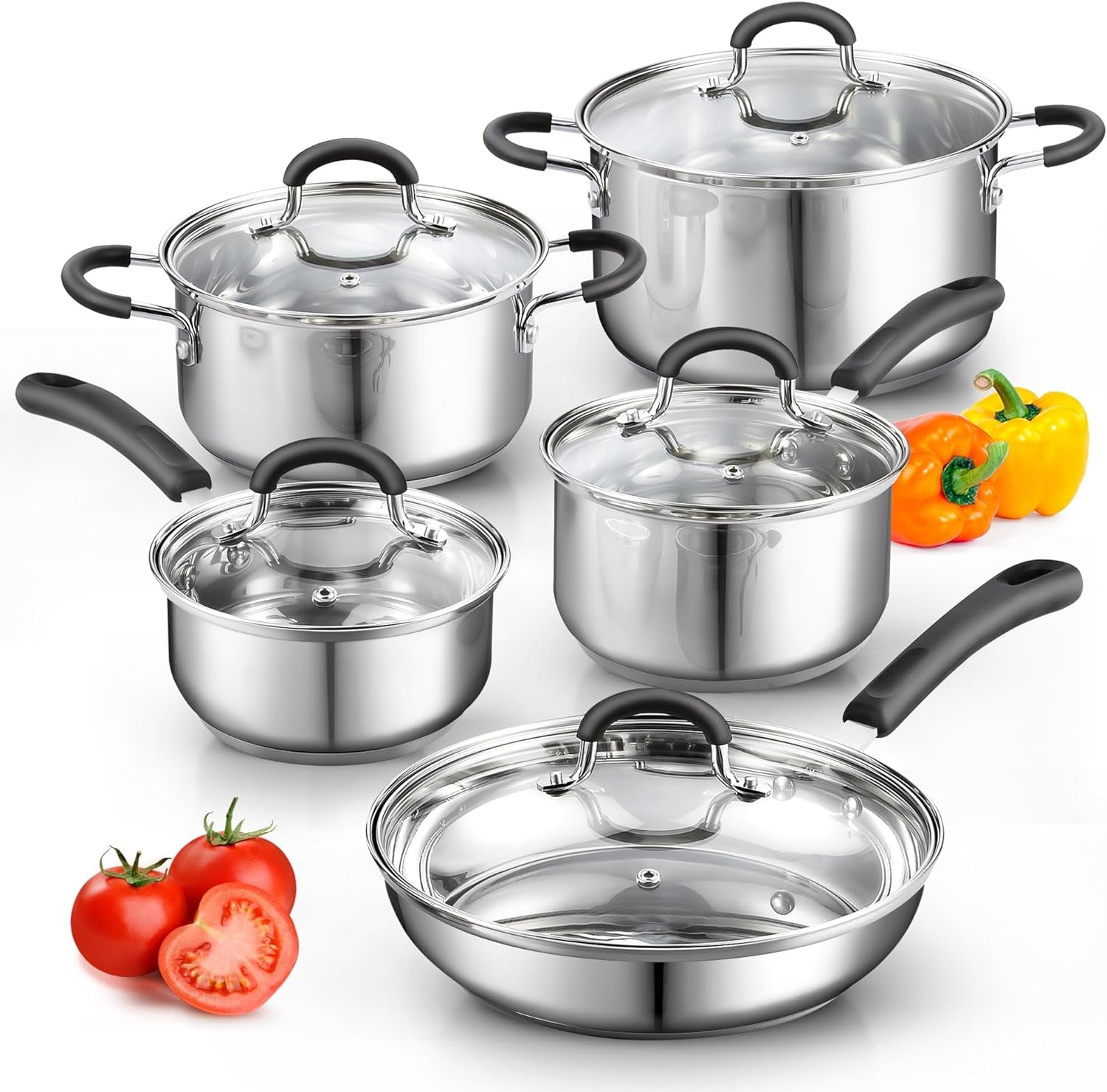 Cook N Home Stainless Steel Cookware Sets 10-Piece, Pots and Pans Kitchen Cooking Set with Stay-Cool Handles, Dishwasher Safe, Silver