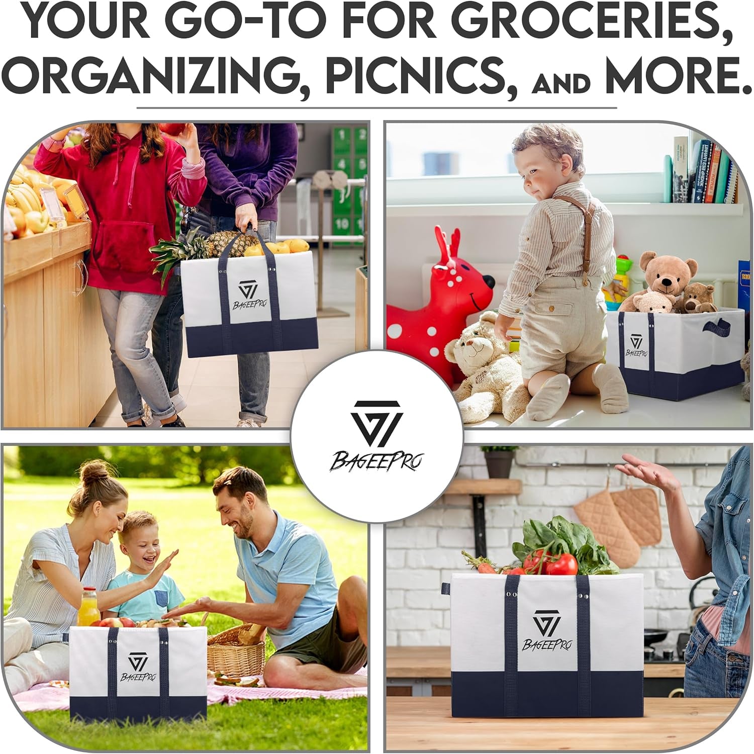 2Pack Collapsible Tote Bags | Large Reusable Grocery Bag | Heavy Duty Shopping Bag with Handles for Food and Storage