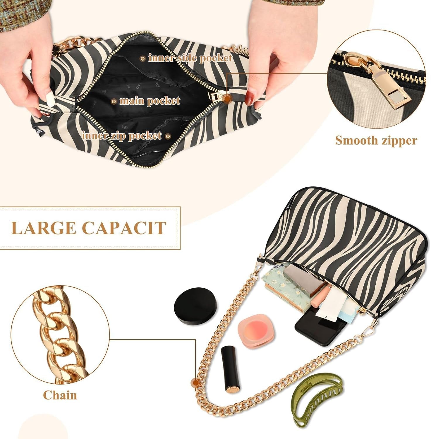 Shoulder Bags for Women Zebra Print Wave Seamless Hobo Tote Handbag Small Clutch Purse with Zipper Closure