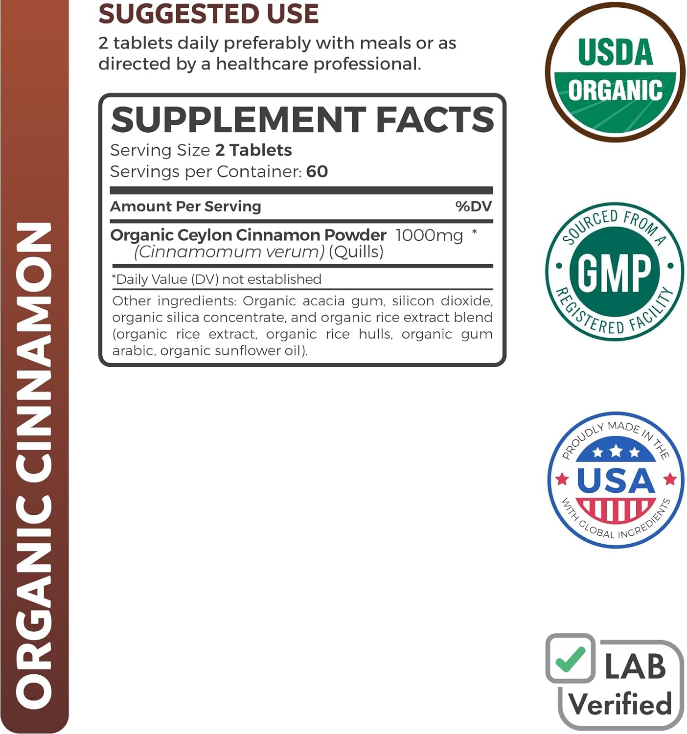 USDA Organic Ceylon Cinnamon (60 Tablets) 1000Mg Cinnamon Quill Powder per Serving - Natural Cinnamon Supplements for Effective Metabolism, Cognative, Joint, Immune Support - (No Capsules or Pills)