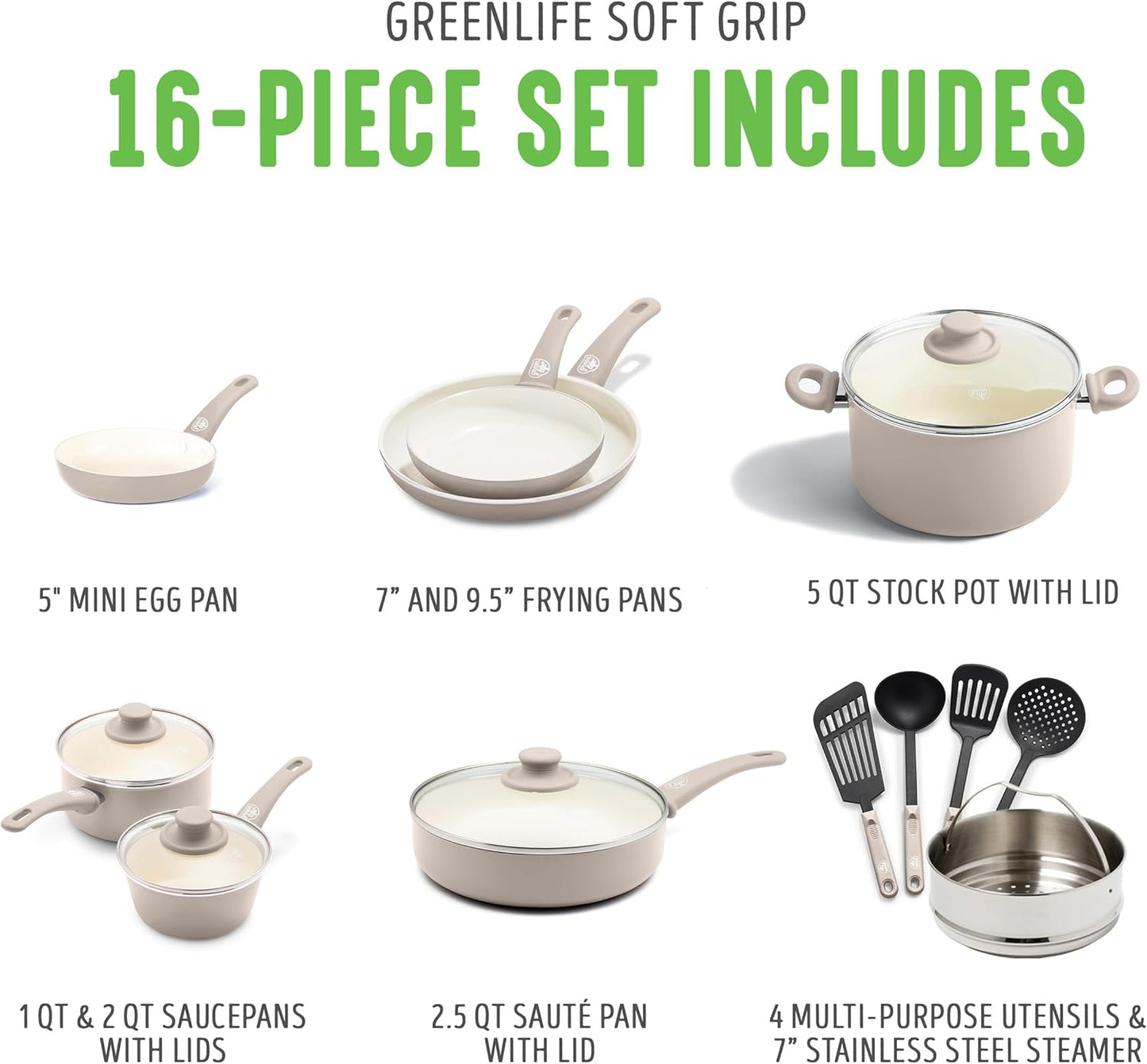 Greenlife Soft Grip Healthy Ceramic Nonstick 16 Piece Kitchen Cookware Pots and Frying Sauce Saute Pans Set, Pfas-Free with Kitchen Utensils and Lid, Dishwasher Safe, Taupe