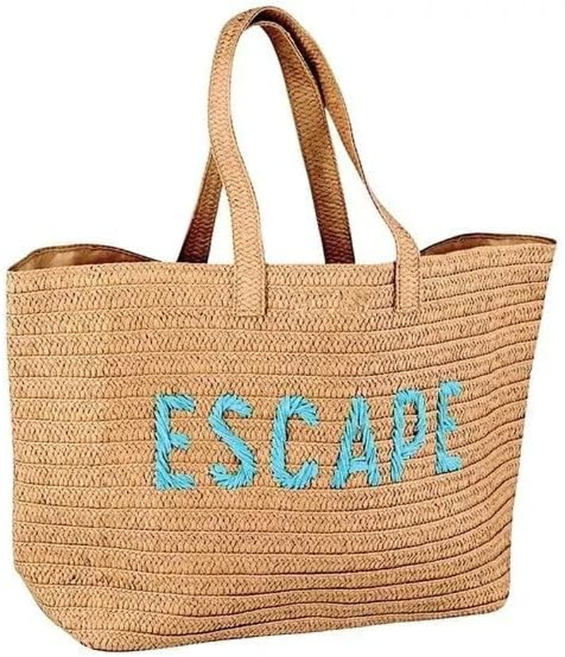23" Over-Sized Straw Tote - ESCAPE Embroidered Double Handle Weekend Beach Bag