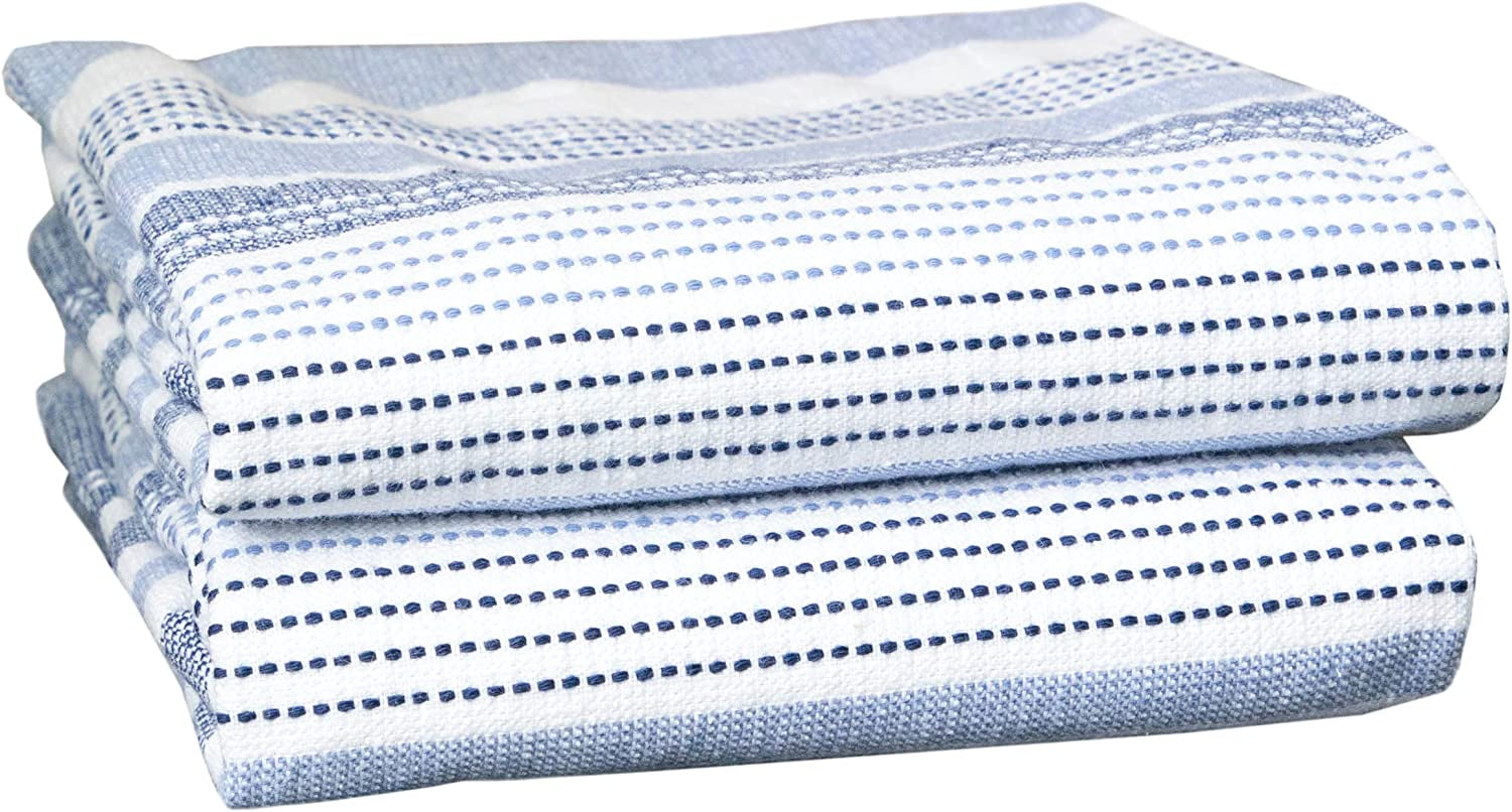 T-Fal Premium Dual-Sided Skipping Striped Kitchen Towels (2-Pack), 18" X 28", Highly Absorbent, Long-Lasting, Reversable 100% Flat-Weave Cotton Dish Towels, Hand Towels, Bar Towels, Navi Capri