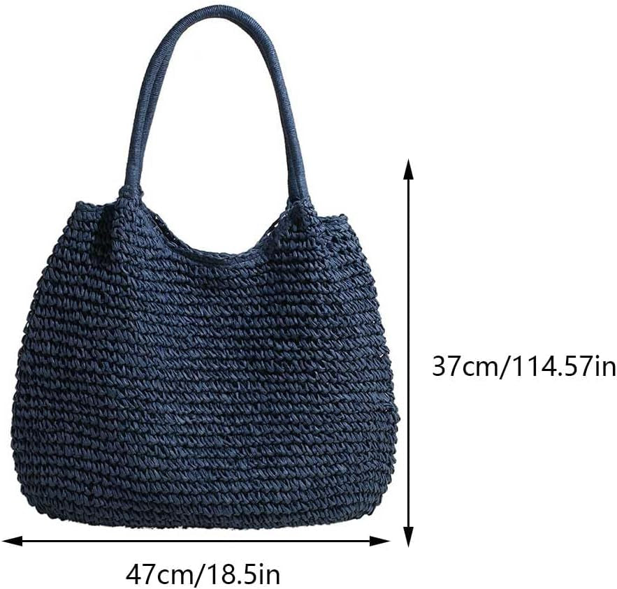 Women Straw Vintage Shoulder Tote Handbag Large Capacity Crochet Beach Travel Tote Handbag Hasp Closure Simple Weaving