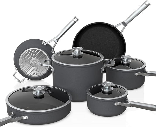 Ninja Neverstick Premium 10 Piece Pots & Frying Pans Set, with Glass Lids, Nesting, Hard Anodized, Kitchen Cookware Sets Nonstick, Durable & Oven Safe to 500°F, Slate Grey, C59500