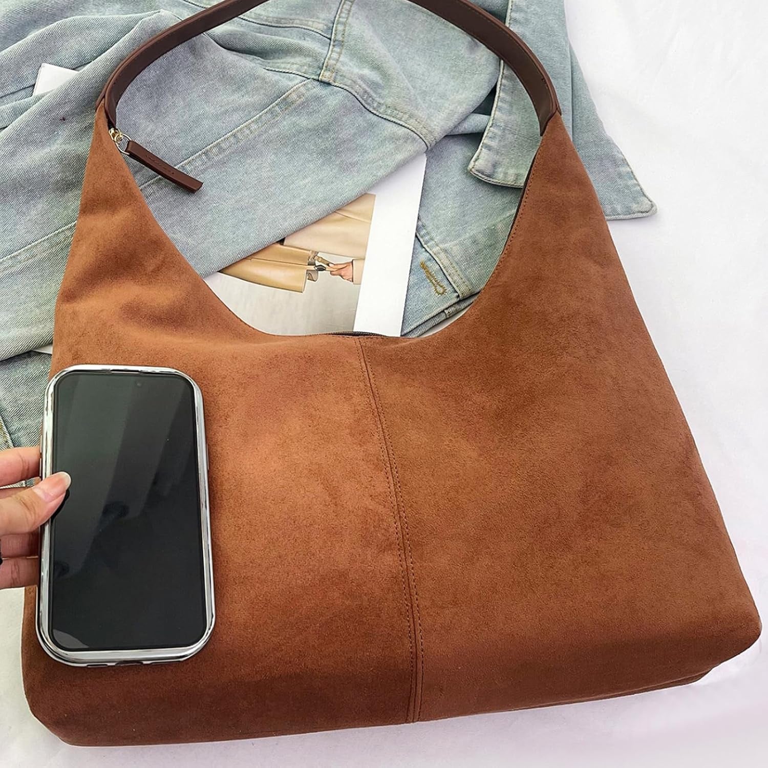 Suede Leather Hobo Bags for Women- Slouchy Tote Bag Brown Suede Fall Bag Hobo Shoulder Purse with Zipper
