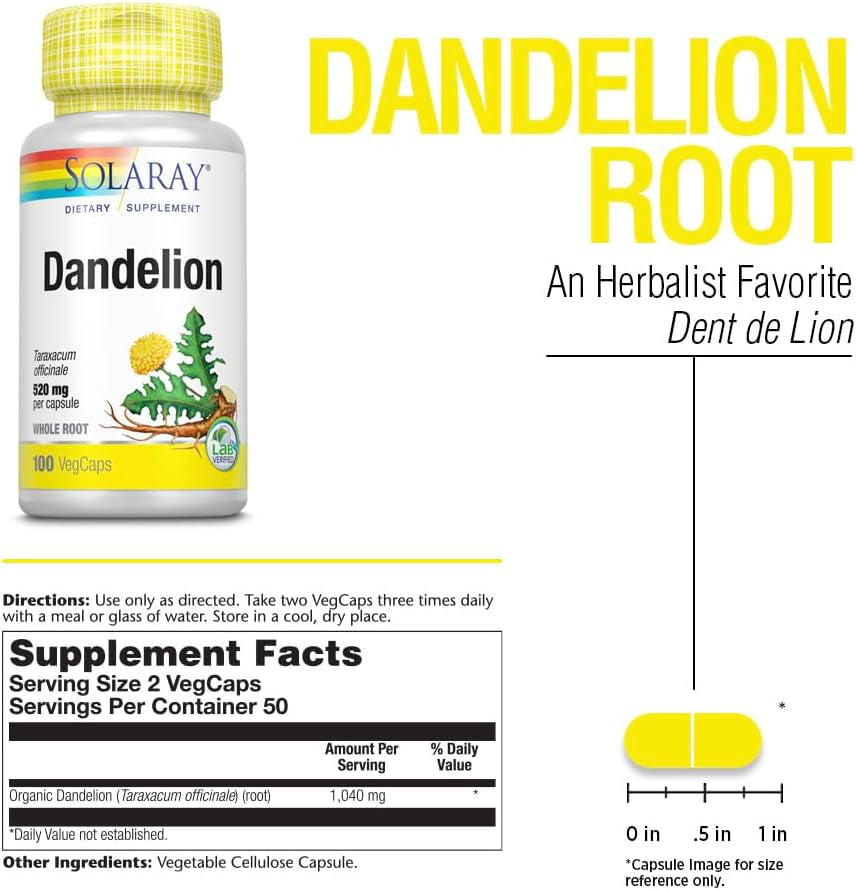 SOLARAY Dandelion Root | Healthy Liver, Kidney, Digestion & Water Balance Support | Non-Gmo, Vegan, 100 Vegcaps, 50 Serv