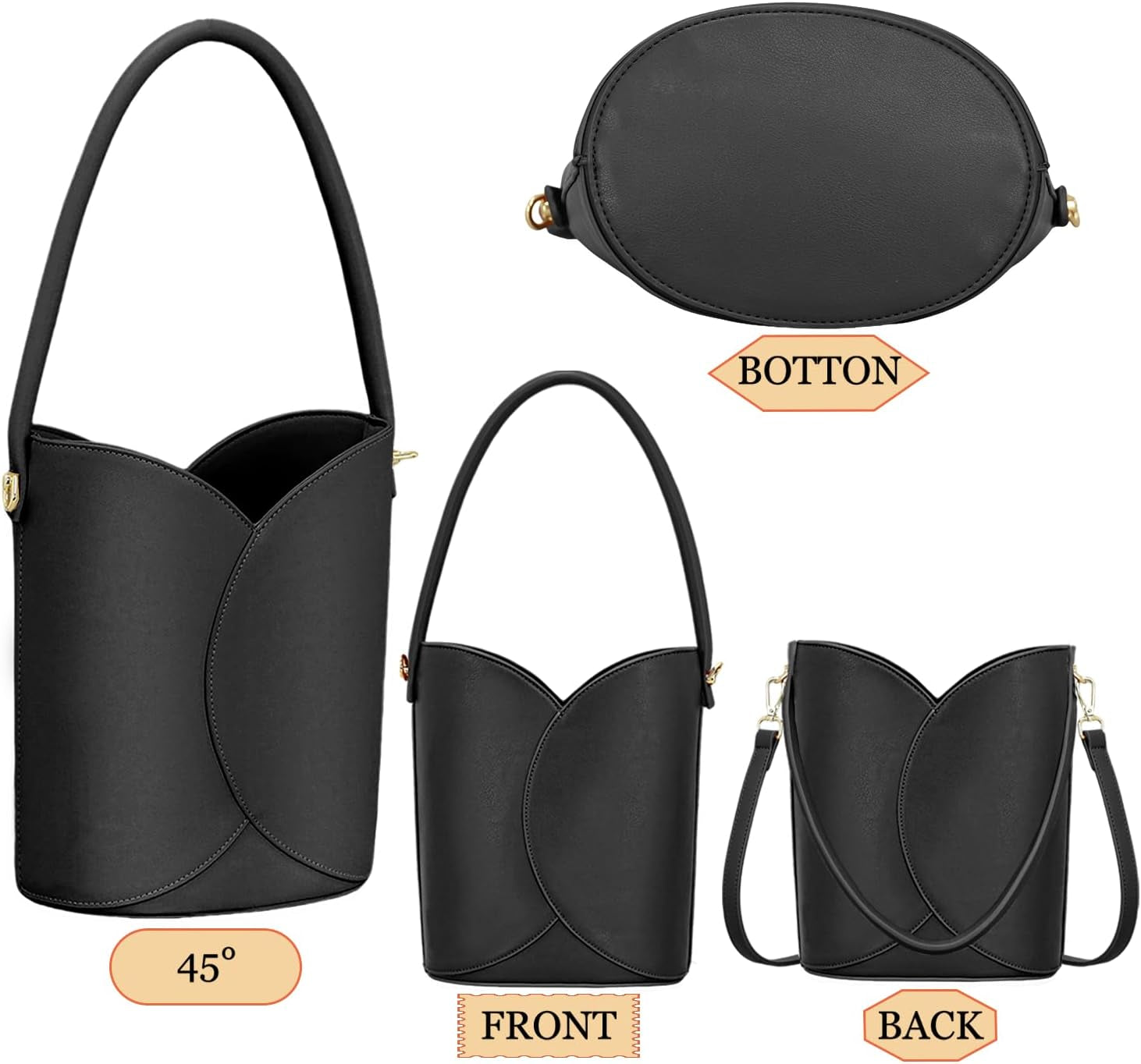 Bucket Bag for Women Vegan Leather Handbags with Removable Strap Small Shoulder Purse Crossbody Totes Bags