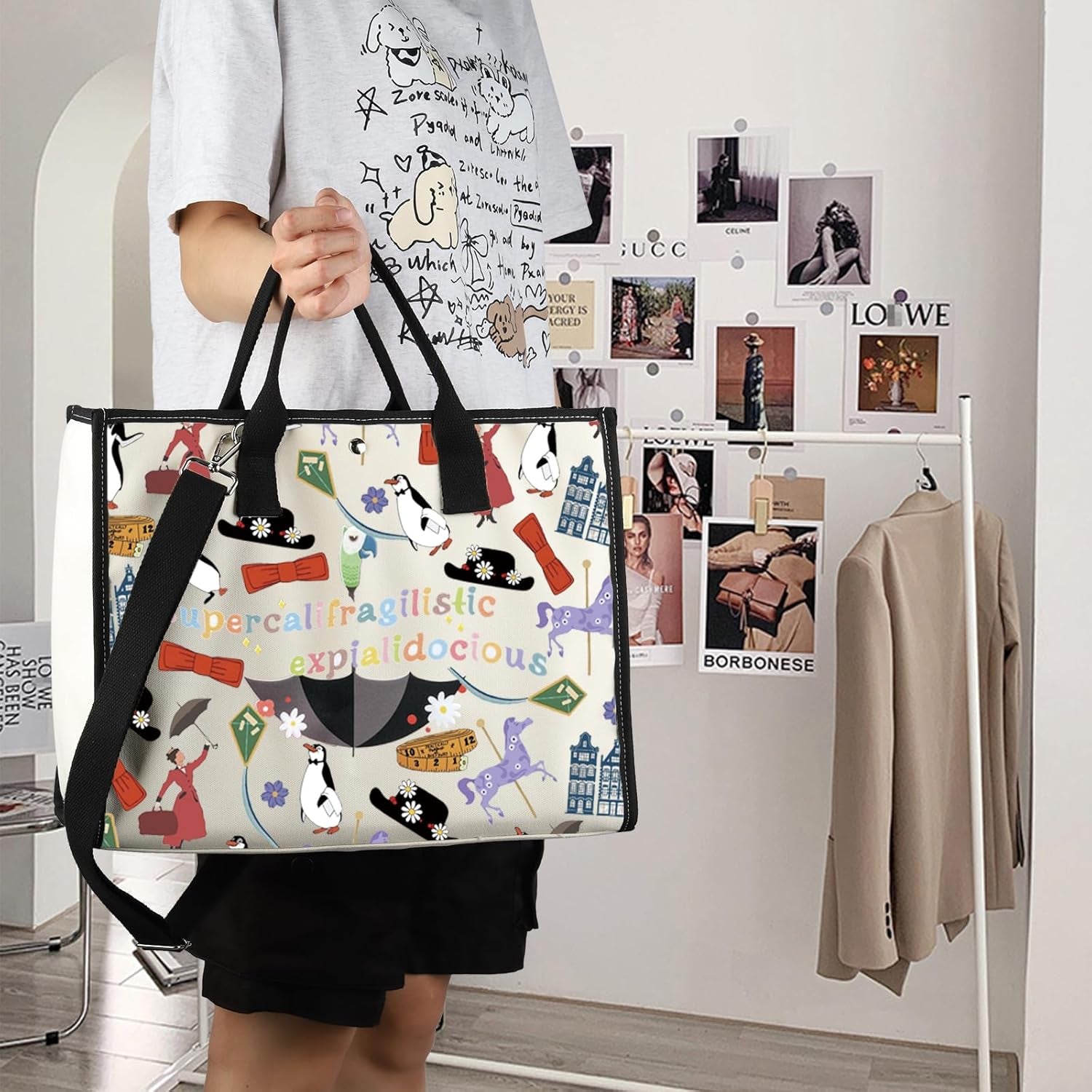 FOTAP Mary Inspire Tote Bag Supercalifragilistic Umbrella Mary Handbag Mary Musicals Lover Gift Mary Movie Shoulder Bag