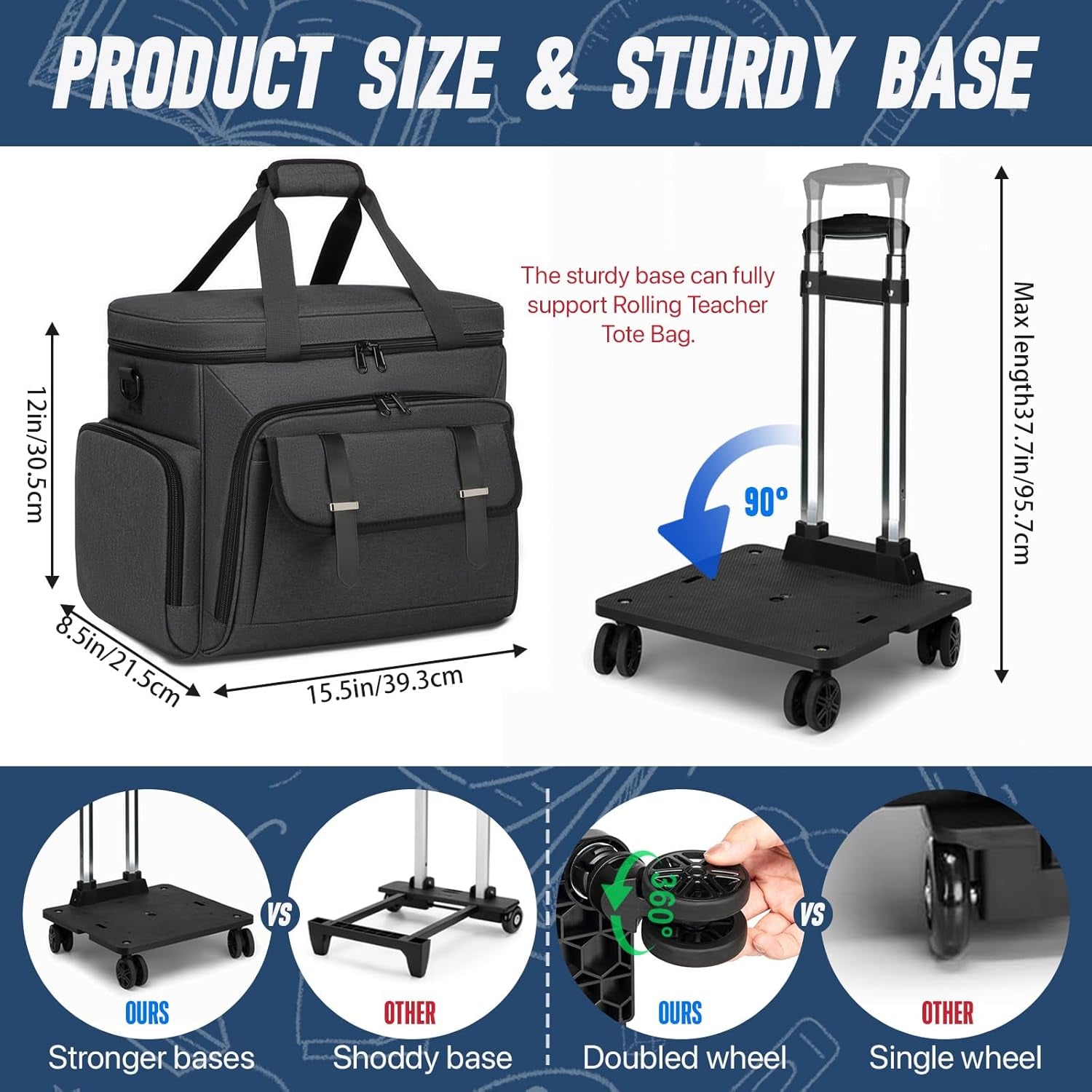 Rolling Teacher Tote Bag for Women Men,Large Tote Bag with Detachable Wheels Trolley,15.6 Inch Laptop Wheeled Teacher Bag for Work Office