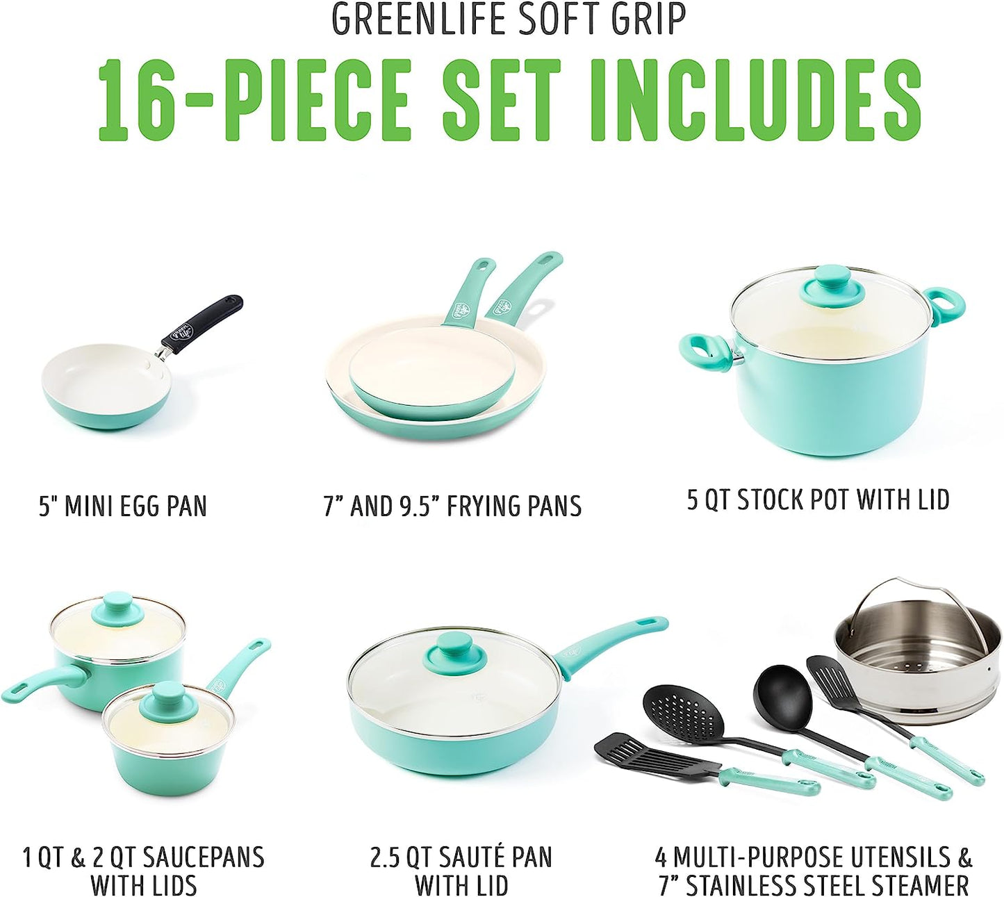 Greenlife Soft Grip Healthy Ceramic Nonstick 16 Piece Kitchen Cookware Pots and Frying Sauce Saute Pans Set, Pfas-Free with Kitchen Utensils and Lid, Dishwasher Safe, Turquoise