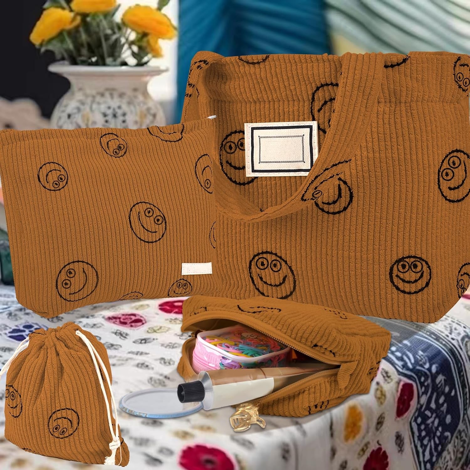 4 Pcs Corduroy Cosmetic Bag, Lovely Face Capacity Toiletry Bag, Aesthetic Preppy Makeup Bags, Corduroy Tote Bag, Small Drawstring Makeup Bag, Washable Toiletry Organizer Pouch