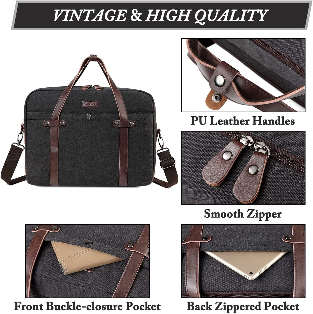 VASCHY Laptop Bag for Men, Vintage Canvas Water Resistant 15.6 Inch Messenger Bag Business Briefcase Shoulder Bag