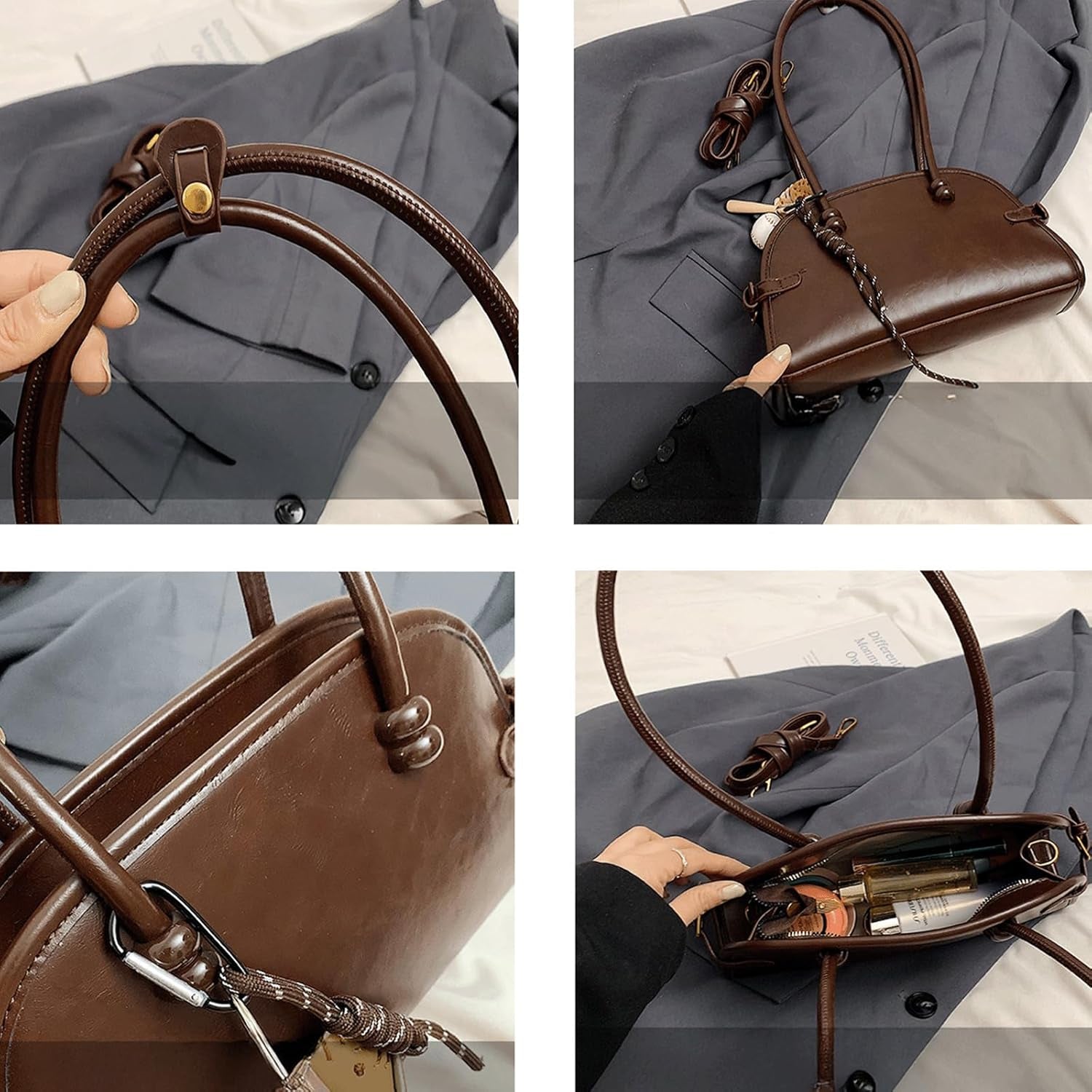 Bowling Bag Purse Retro PU Leather Bowler Bags with Charm Shoulder Handbag Vintage Elegant Purses for Women Girls
