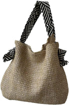 Women'S Casual Woven Straw Beach Tote Bag Lightweight Large Capacity Magnetic Closure Black White Striped Strap
