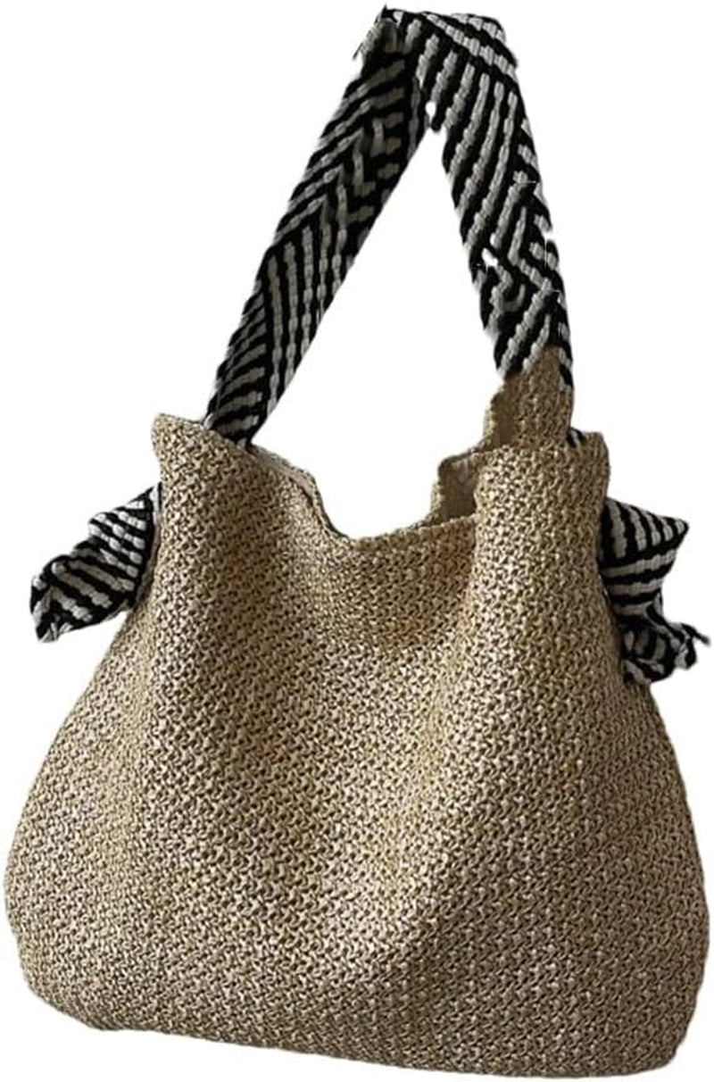 Women'S Casual Woven Straw Beach Tote Bag Lightweight Large Capacity Magnetic Closure Black White Striped Strap