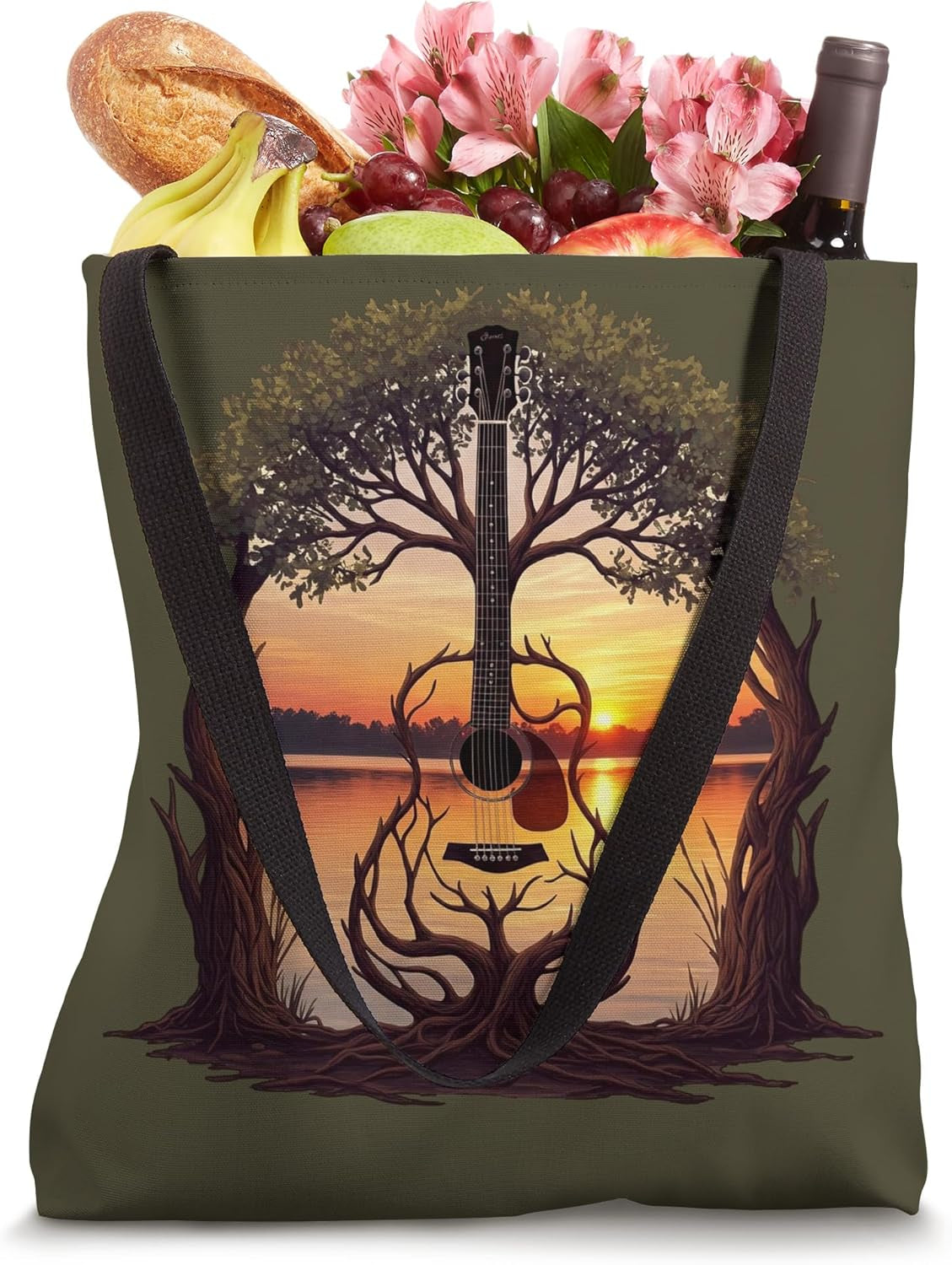 Acoustic Guitar Tree Sunset Lake Love Musician Nature Music Tote Bag