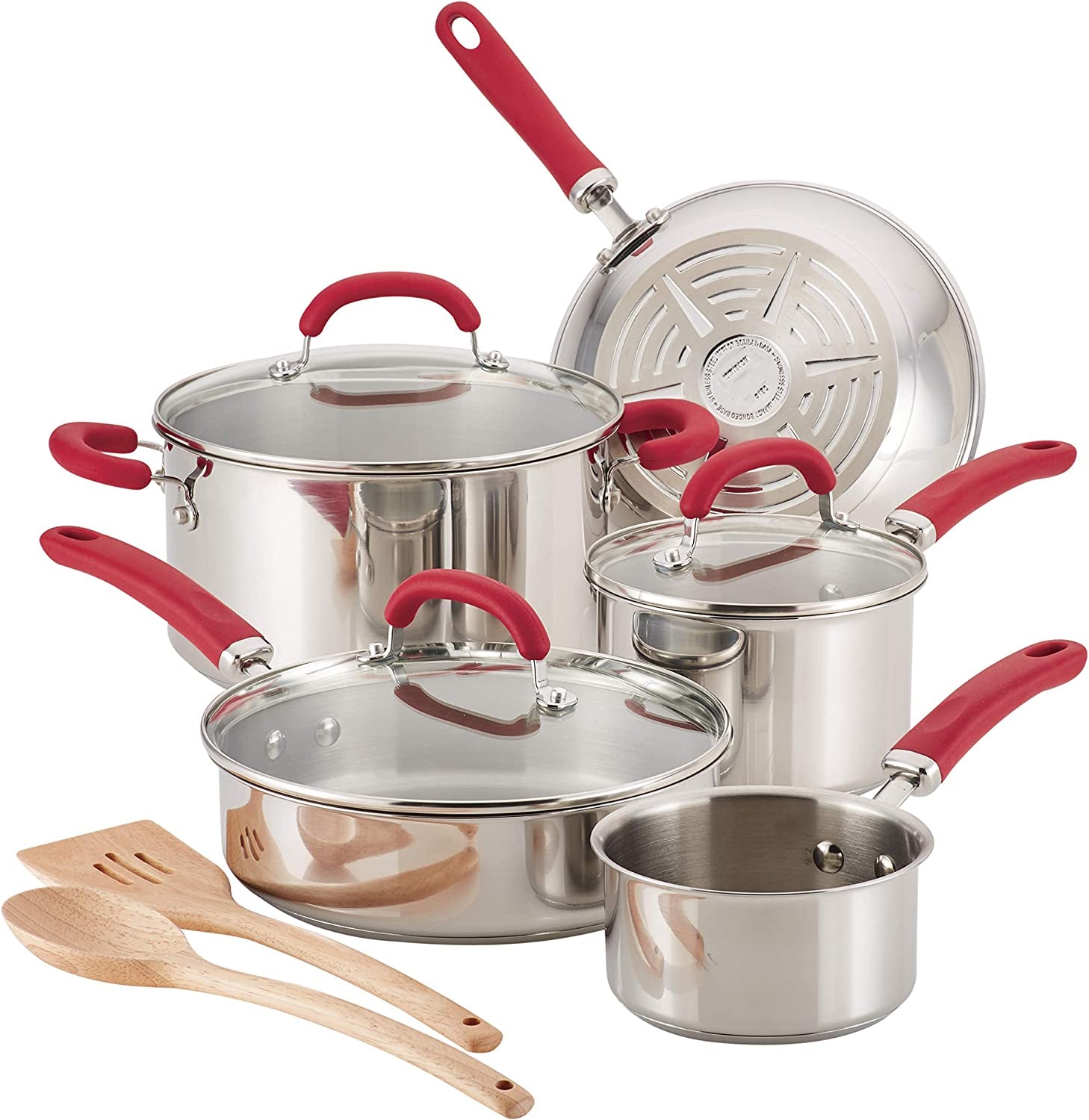 Rachael Ray Create Delicious Stainless Steel Cookware Set, 10-Piece Pots and Pans Set, Stainless Steel with Red Handles