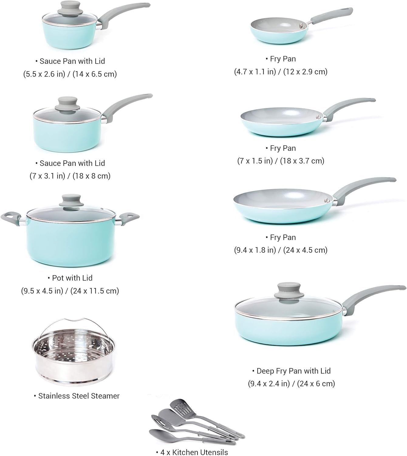 Mueller 16-Piece Non-Stick Stone Cookware Set with Steamer and Glass Lids, Turquoise