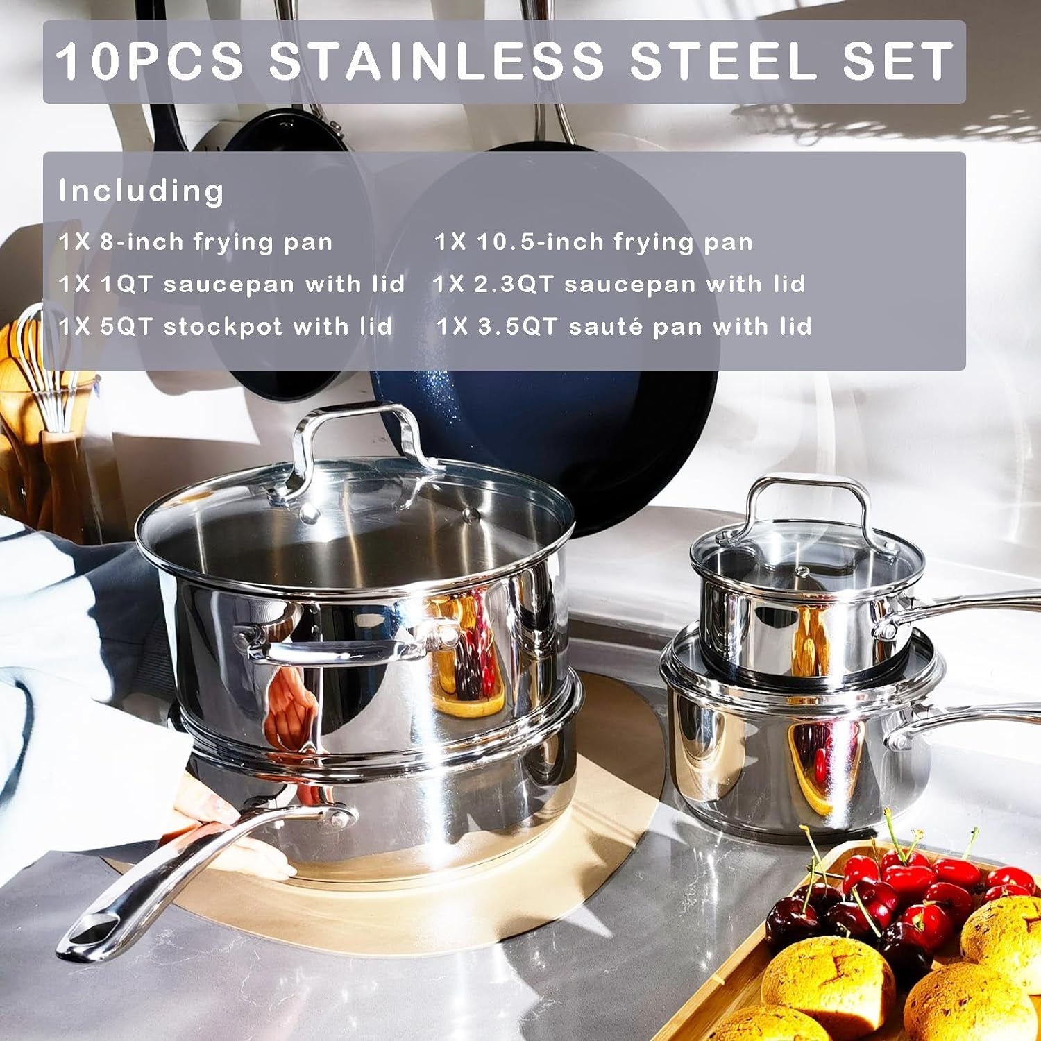 Stainless Steel Pots and Pans Set Ceramic Nonstick, 10 Pcs Professional Home Chef Kitchen Cookware Set, Free of PTFE/PFOA/PFAS, NO TOXIN, Oven and Dishwasher Safe