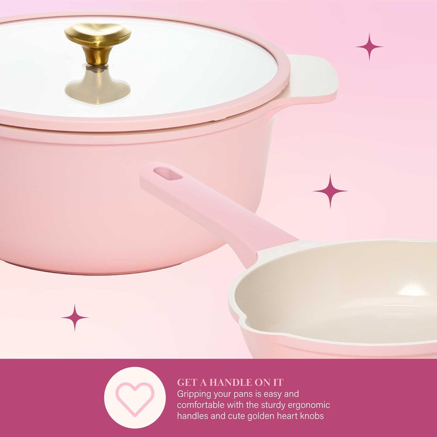 Paris Hilton Ceramic Nonstick Cookware Set, Cast Aluminum with Dual Layer Nonstick Coating, Gold Heart Knobs, Stay-Cool Handles, Made without PFAS, PFOA, PFOS & PTFE, Dishwasher Safe, 10-Piece, Pink