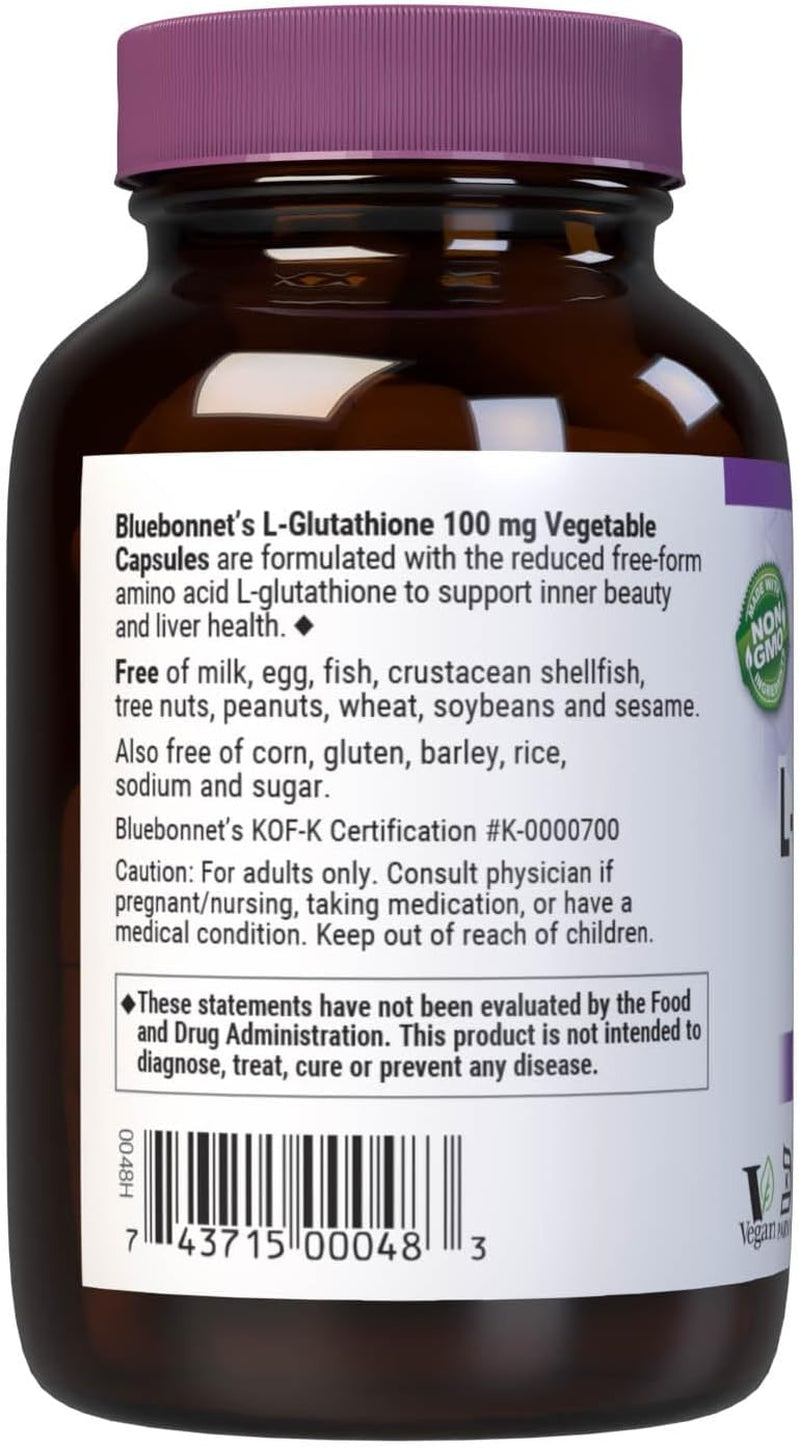 Bluebonnet Nutrition L-Glutathione 100Mg, Free-Form Amino Acid, for Free Radical Protection, Soy-Free, Gluten-Free, Non-Gmo, Kosher Certified, Vegan, 30 Vegetable Capsules, 30 Servings