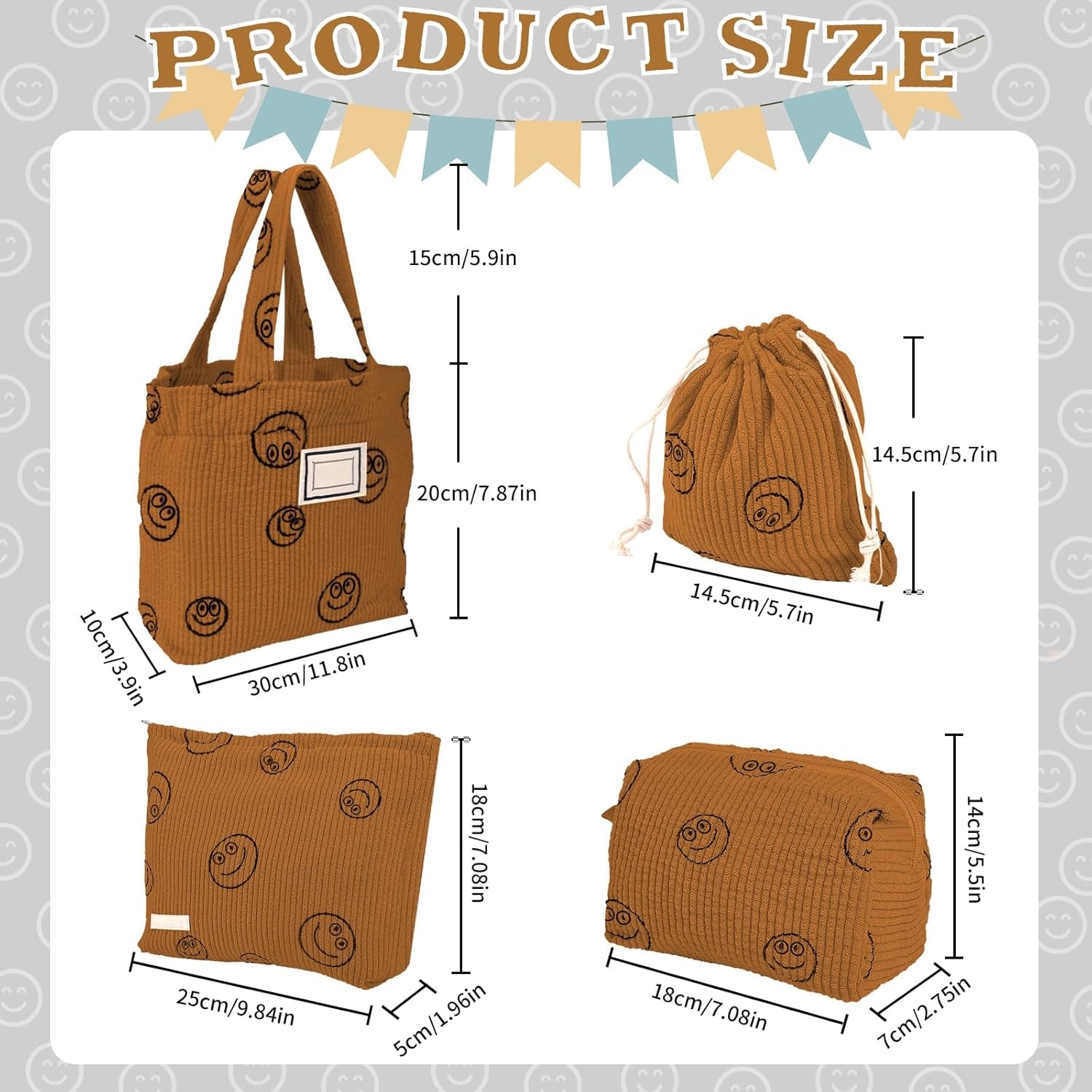 4 Pcs Corduroy Cosmetic Bag, Lovely Face Capacity Toiletry Bag, Aesthetic Preppy Makeup Bags, Corduroy Tote Bag, Small Drawstring Makeup Bag, Washable Toiletry Organizer Pouch