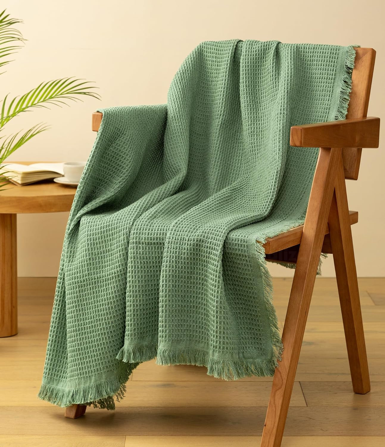 Vitalizart Green Throw Blanket for Couch Sofa Bed Waffle Knit Fringe 50" X 60" Lightweight Blankets & Throws for Home Living Room Farmhouse Decor Boho Cotton Weave