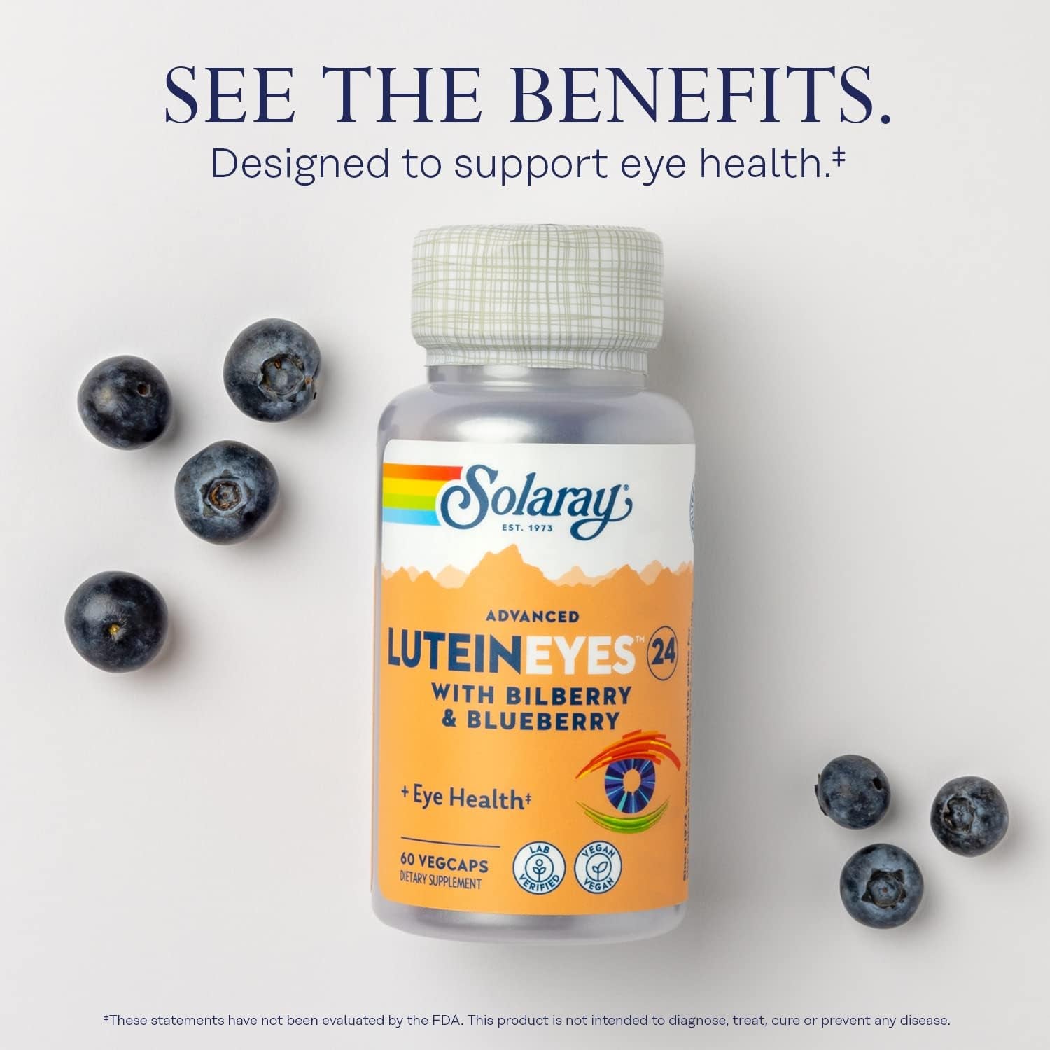 SOLARAY Advanced Lutein Eyes 24 Mg - Lutein and Zeaxanthin Supplements - Eye Health Support with Blueberry and Bilberry Extract - Vegan, 60-Day Guarantee, Lab Verified - 60 Servings, 60 Vegcaps
