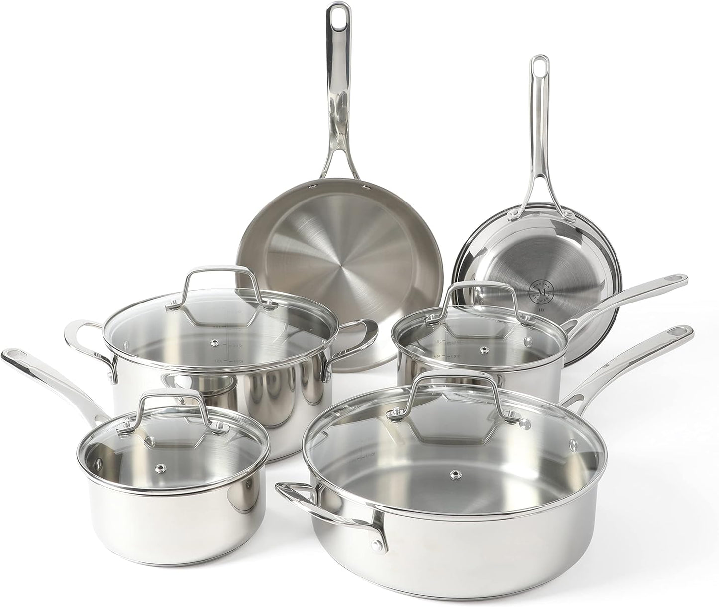 Martha Stewart Castelle 10 Piece 18/8 Stainless Steel Induction Safe Pots and Pans Non-Toxic Kitchen Cookware Set