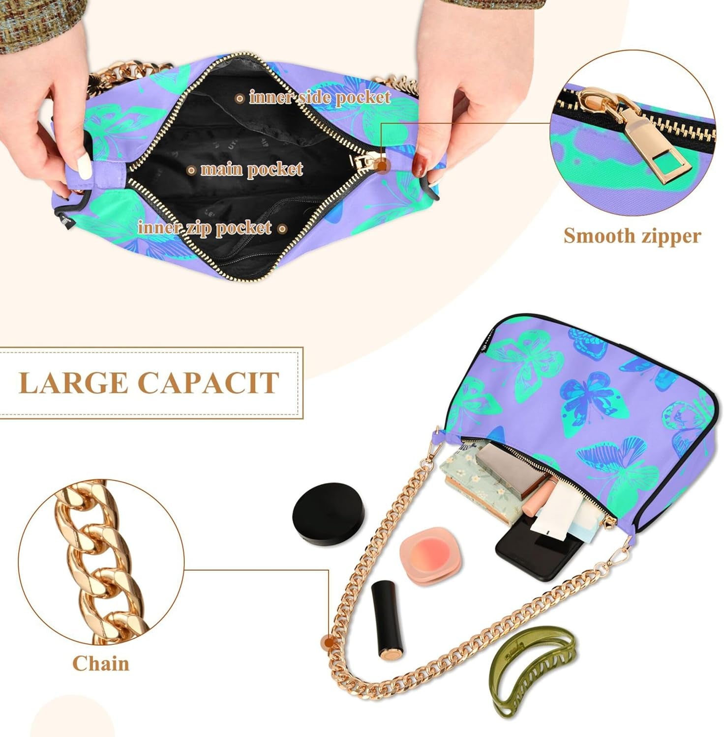 Blue Turquoise Butterflies Purple Aesthetic Shoulder Bag for Women Classic Purse Hobo Totes Colorful Tote Handbags Zipper Closure
