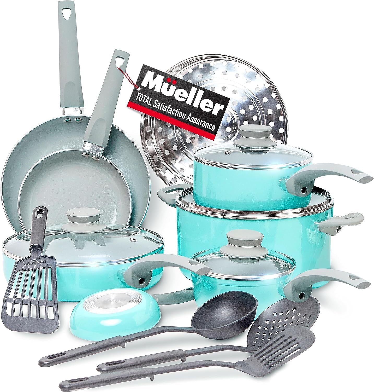 Mueller 16-Piece Non-Stick Stone Cookware Set with Steamer and Glass Lids, Turquoise