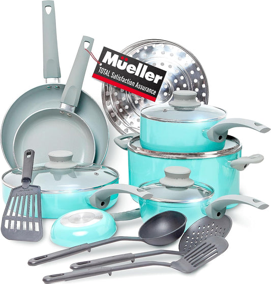 Mueller 16-Piece Non-Stick Stone Cookware Set with Steamer and Glass Lids, Turquoise