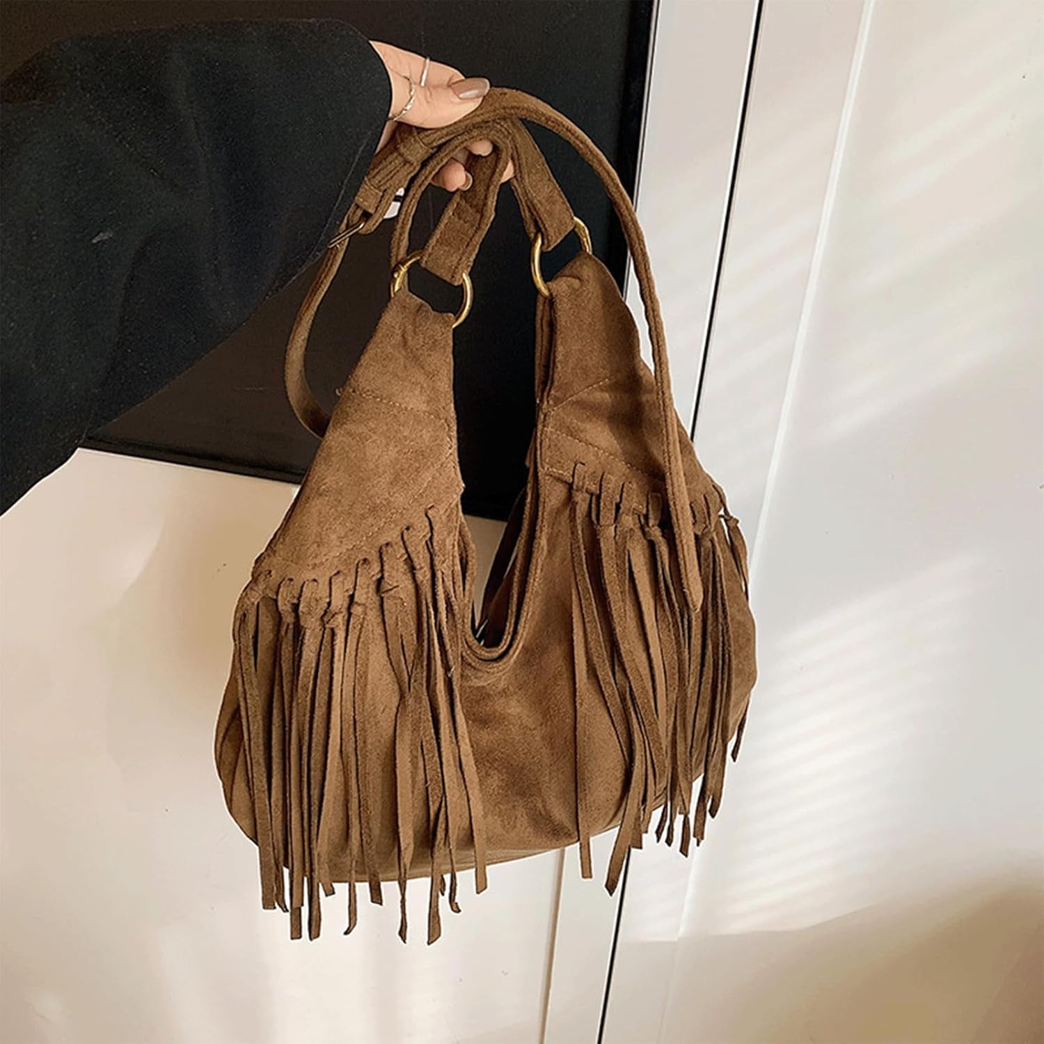 Spacious Suede Fringe Shoulder Bag for Women Vintage Slouchy Hobo Tote Purse Western Fringe Handbag