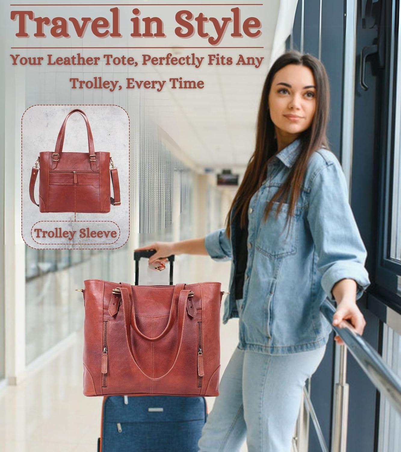 17-Inch Large Leather Tote Bag for Women Genuine Brown Leather Laptop Bag with Zipper Professional Briefcase, Computer Tote for Work, Business, Travel, & Daily Use