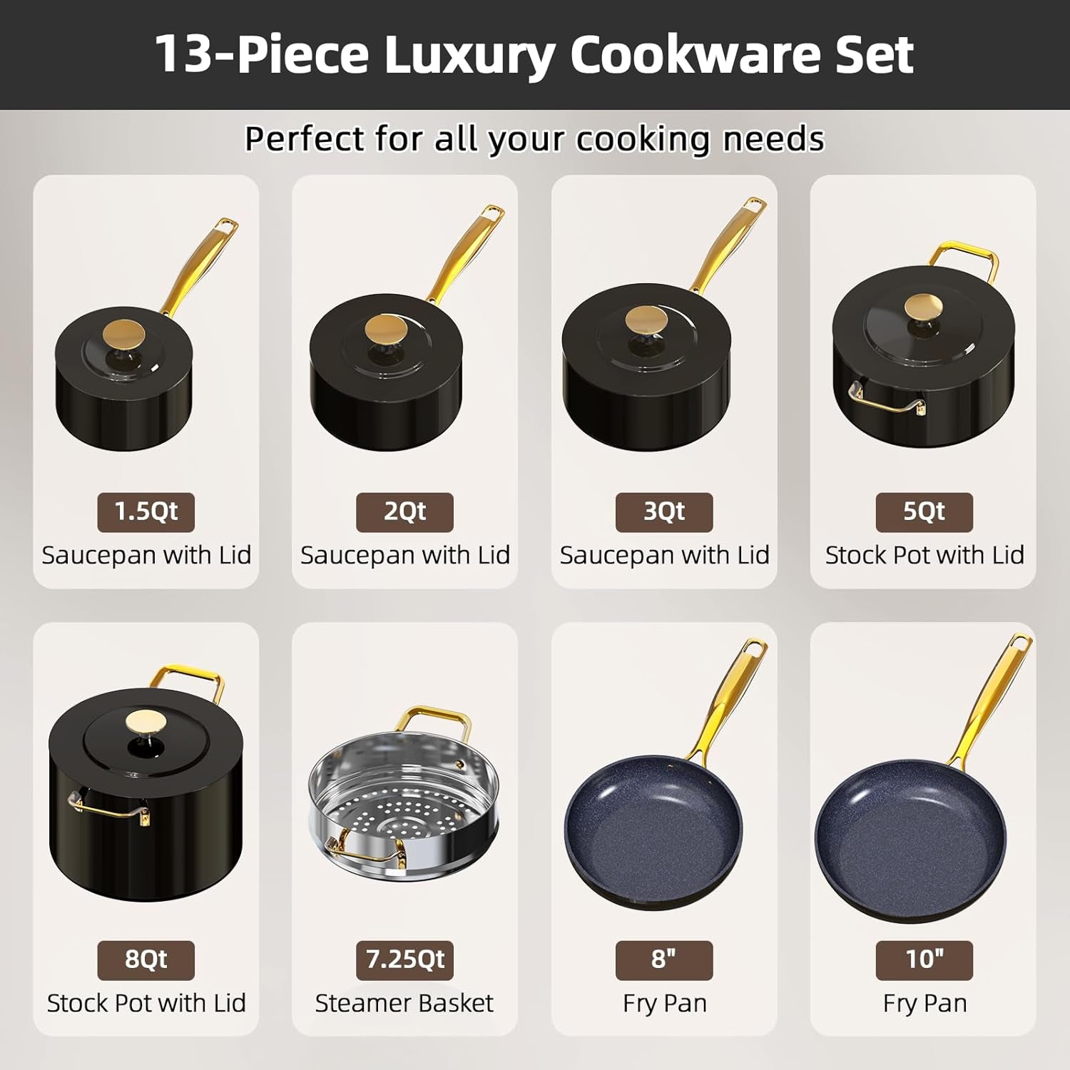 Nuwave Lux LE 13-Pc Cookware Set with Elegant Gold Handle, Diamond Infused Ceramic Non-Stick, PFAS Free, Premium Metal Lids, Ergonomic Stay-Cool Handles, Induction Ready & Compatible W/All Cooktops