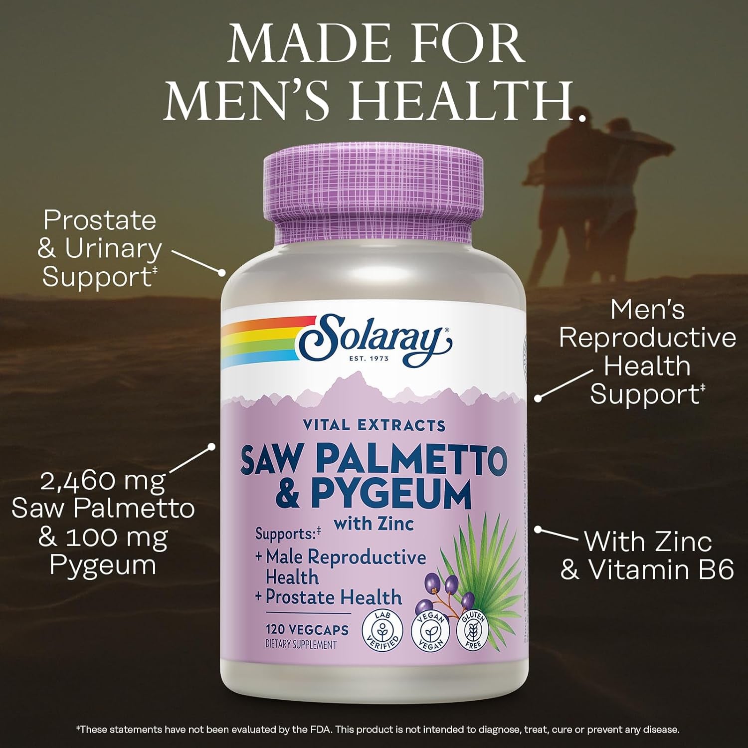 SOLARAY Saw Palmetto & Pygeum - Prostate Health Supplements for Men - Urinary and Male Reproductive Health Support W/Zinc, Pumpkin Seeds, Vitamin B6, Vegan, Gluten Free, 60-Day Guarantee, 30 Servings