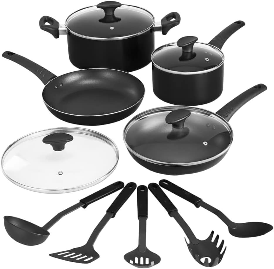 BELLA Cookware Set, 12 Piece Pots and Pans with Utensils, Nonstick PFOA Free Scratch Resistant Cooking Surface Compatible with All Stoves, Nylon and Aluminum, Black