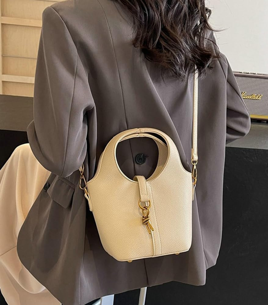 Women Bucket Bags PU Leather Hobo Bag Fashion Shoulder Crossbody Vintage Tote Small Handabg Purse (Beige, W23*H15*D13 Cm)