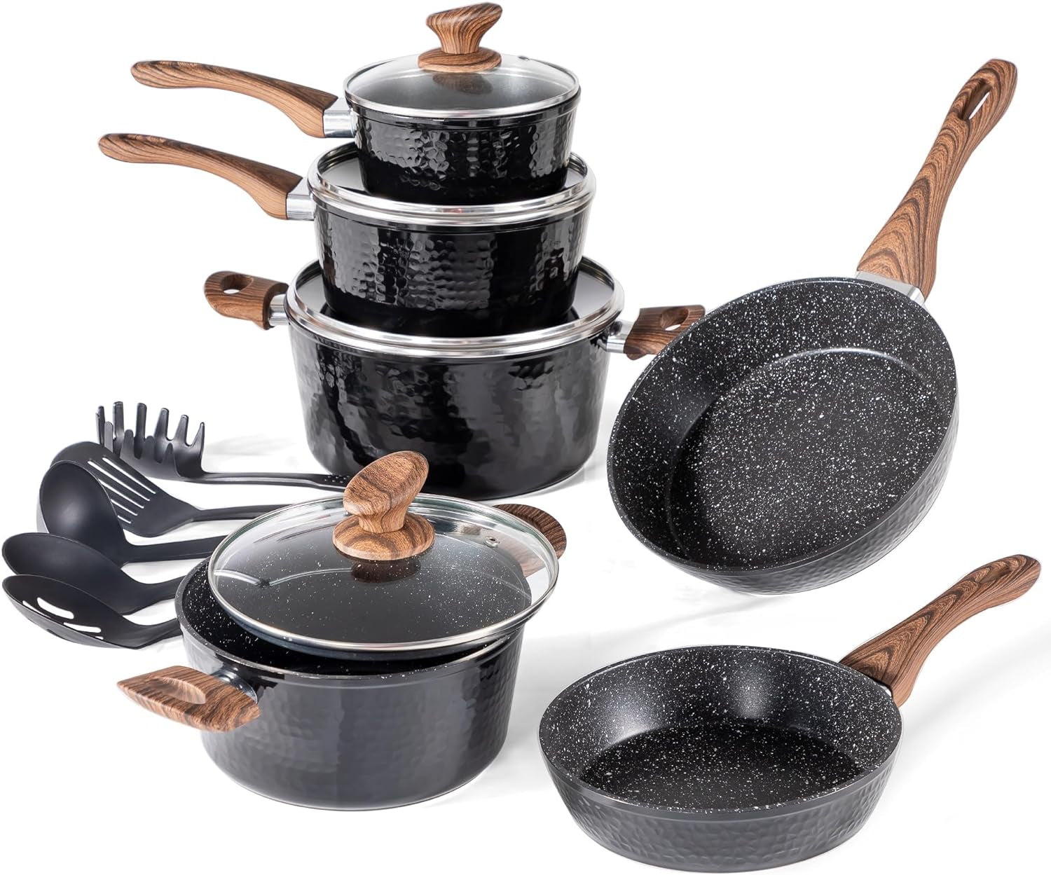 MAISON ARTS Pots and Pans Set Non Stick, 15 Pcs Healthy Non Toxic Hammered Cookware Set, Black Granite Induction Kitchen Cooking Sets