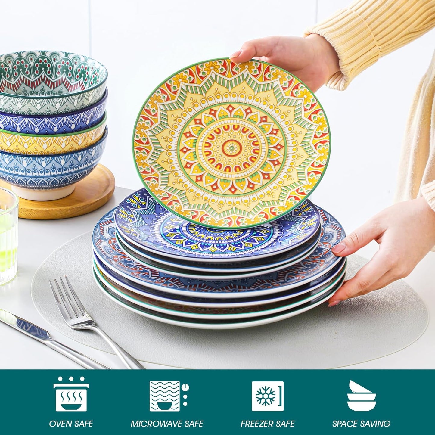 Vancasso Mandala 12 Pieces Dinnerware Sets, Porcelain Dinner Set for 4, Boho Pla