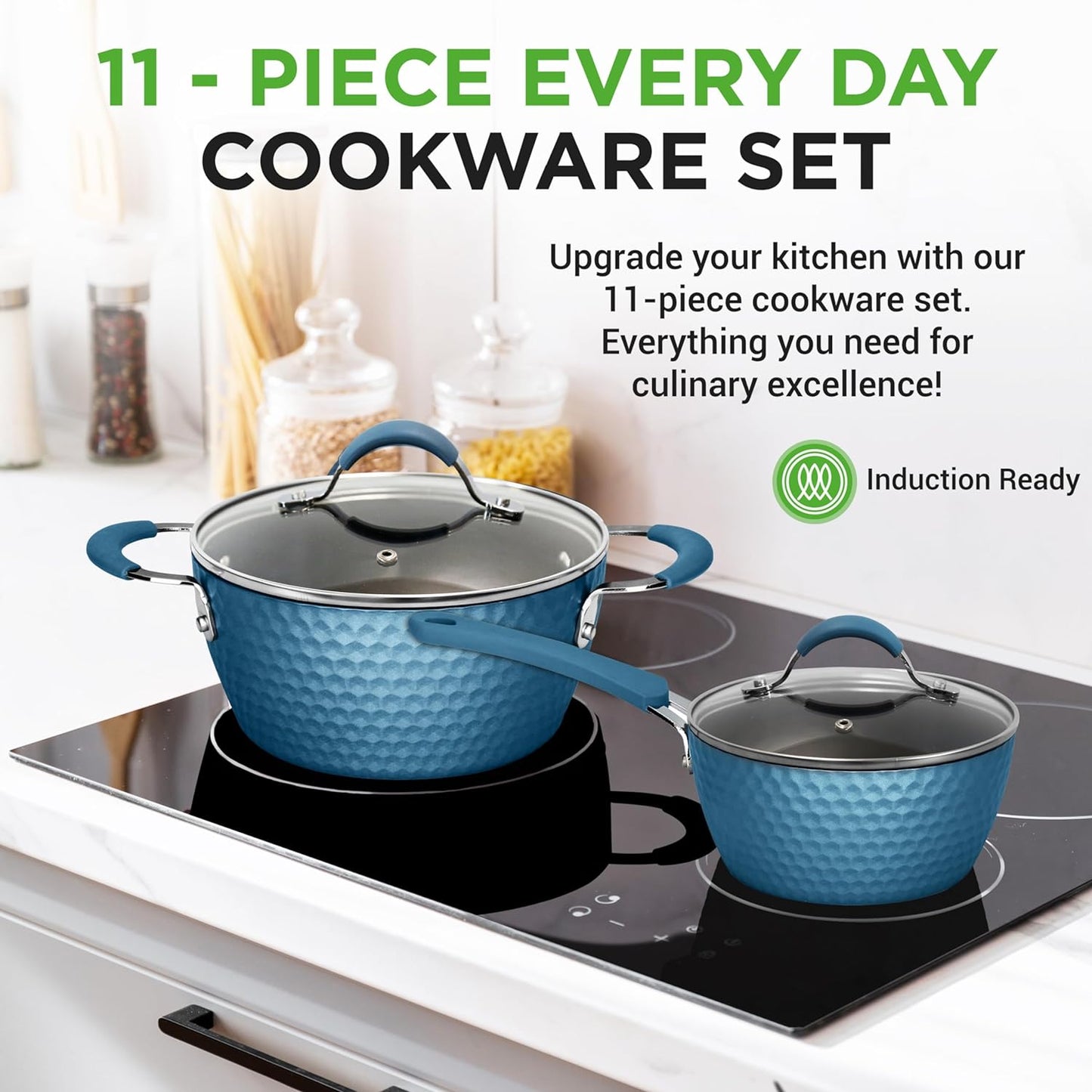 Nutrichef 11 Pc Pots and Pans Set Non Stick Cookware with Ceramic Coating, Ergonomic Handles, Induction Ready, Includes Saucepan, Dutch Oven, Large & Small Fry Pans, Royal Blue