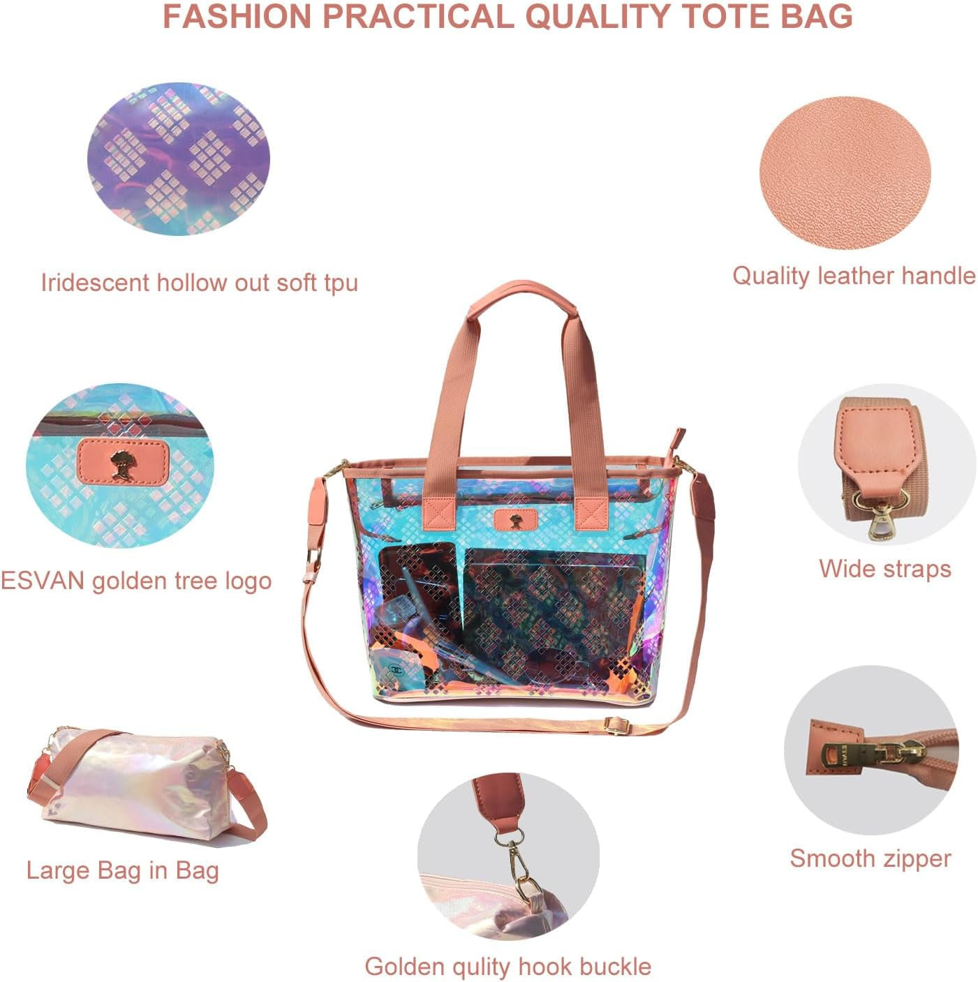 Iridescent Soap Bubble Clear Tote Bag – Stadium Approved with Bag-In-Bag Shoulder Design for Concerts, Beaches, Events