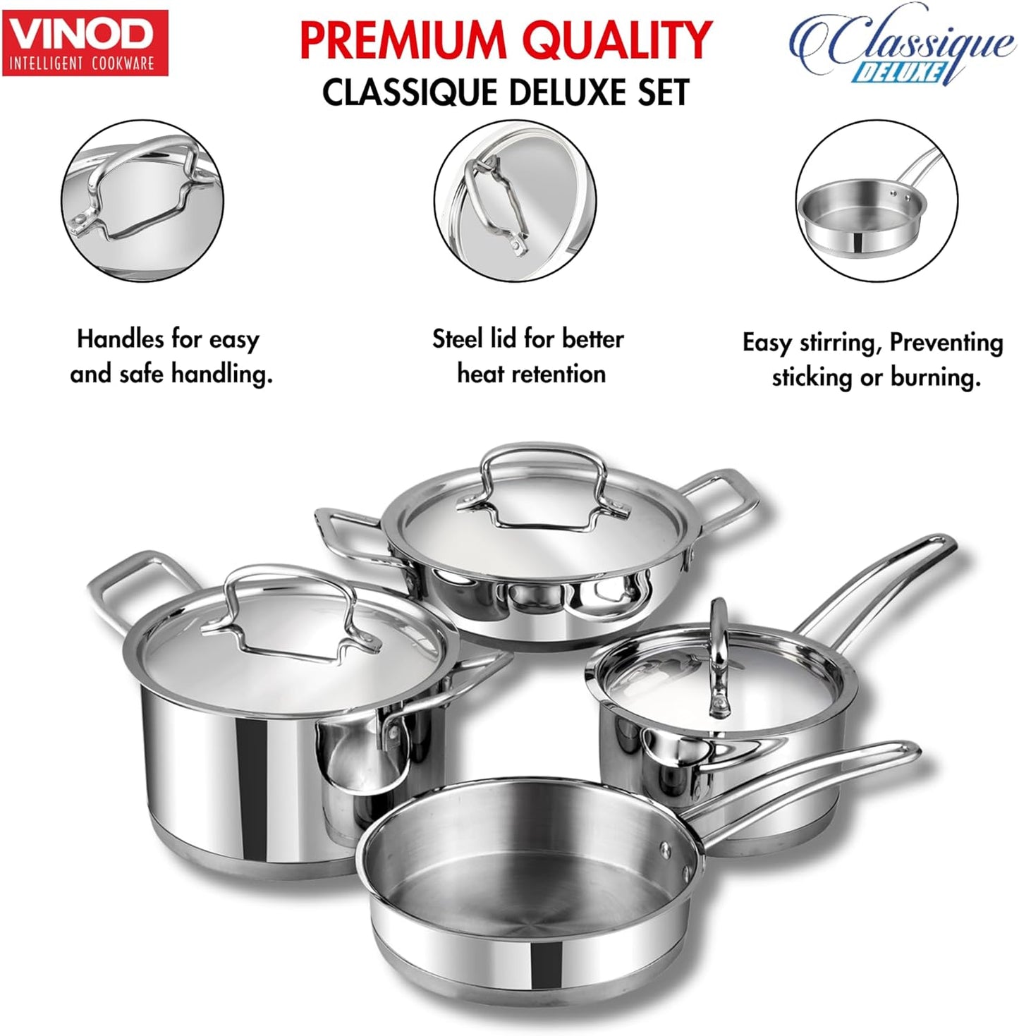 Vinod Classic Deluxe 4 Pcs Stainless Steel Cookware Combo Set Of/Saucepan, Sauc