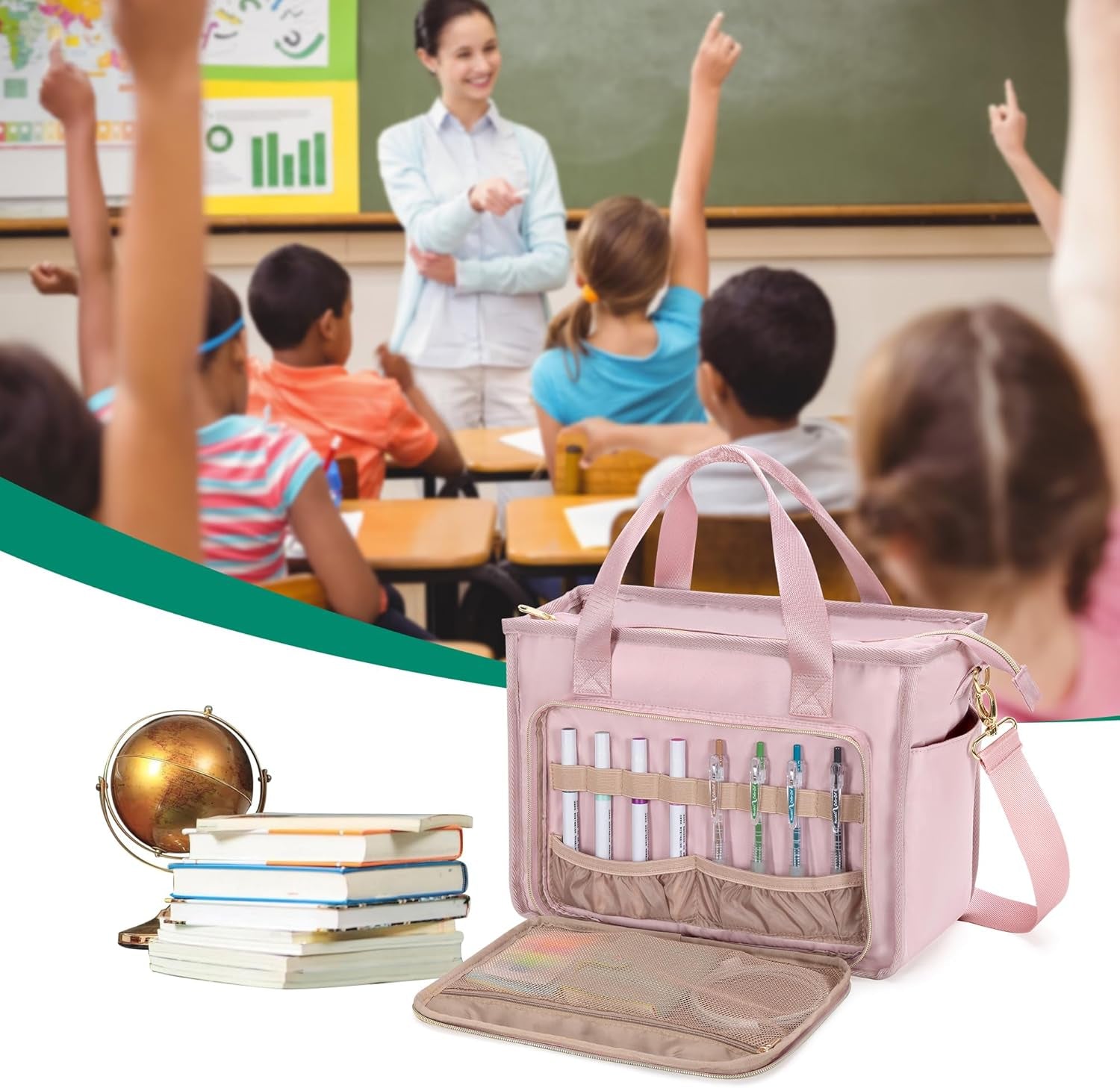 Teacher Tote Bag for Women, Work Tote Bag with Pocket for College and Office, Pink